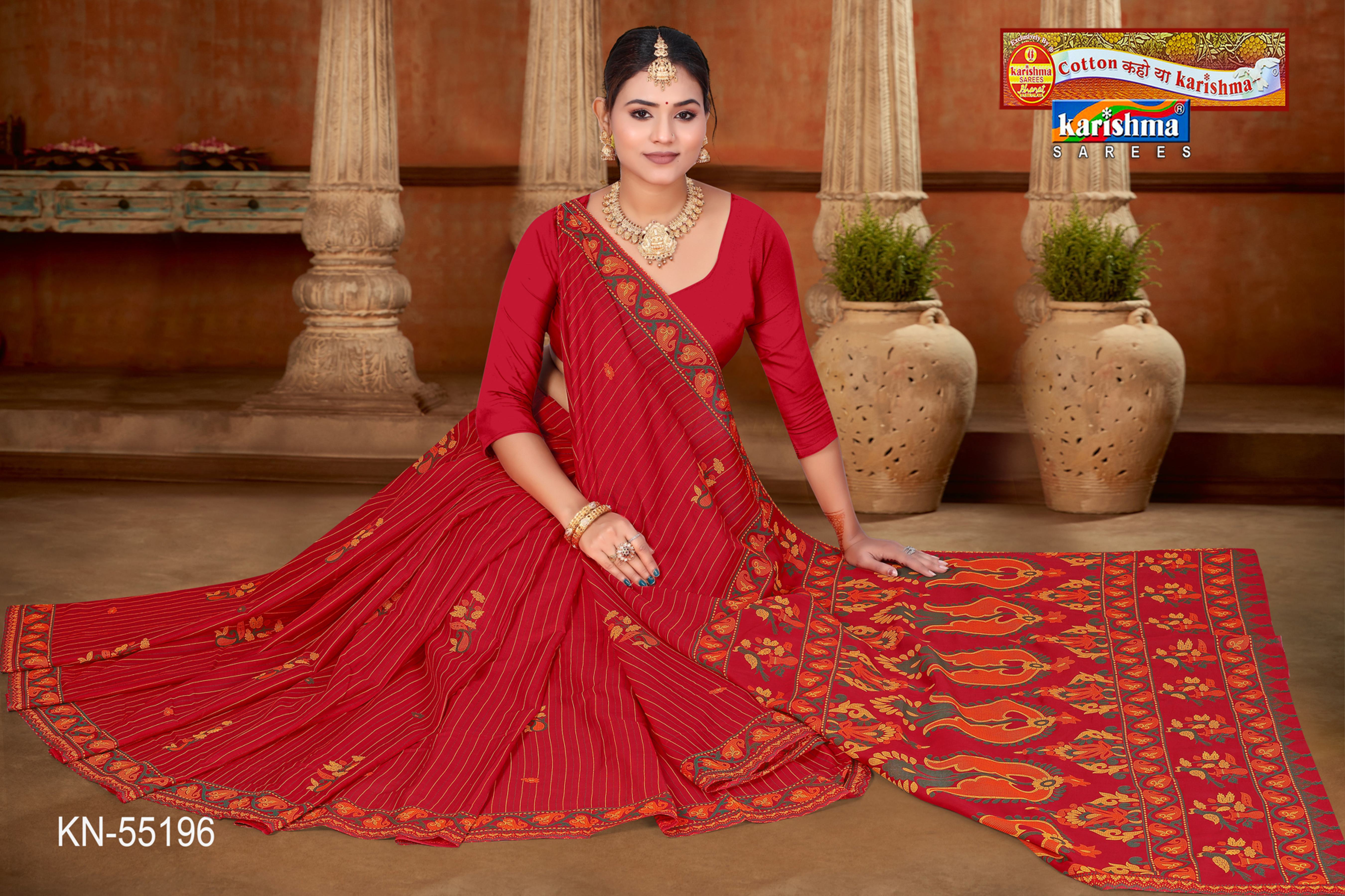 Red Pure Cotton Mulmul (Medium Soft) Saree With Traditional Desigen And Border
