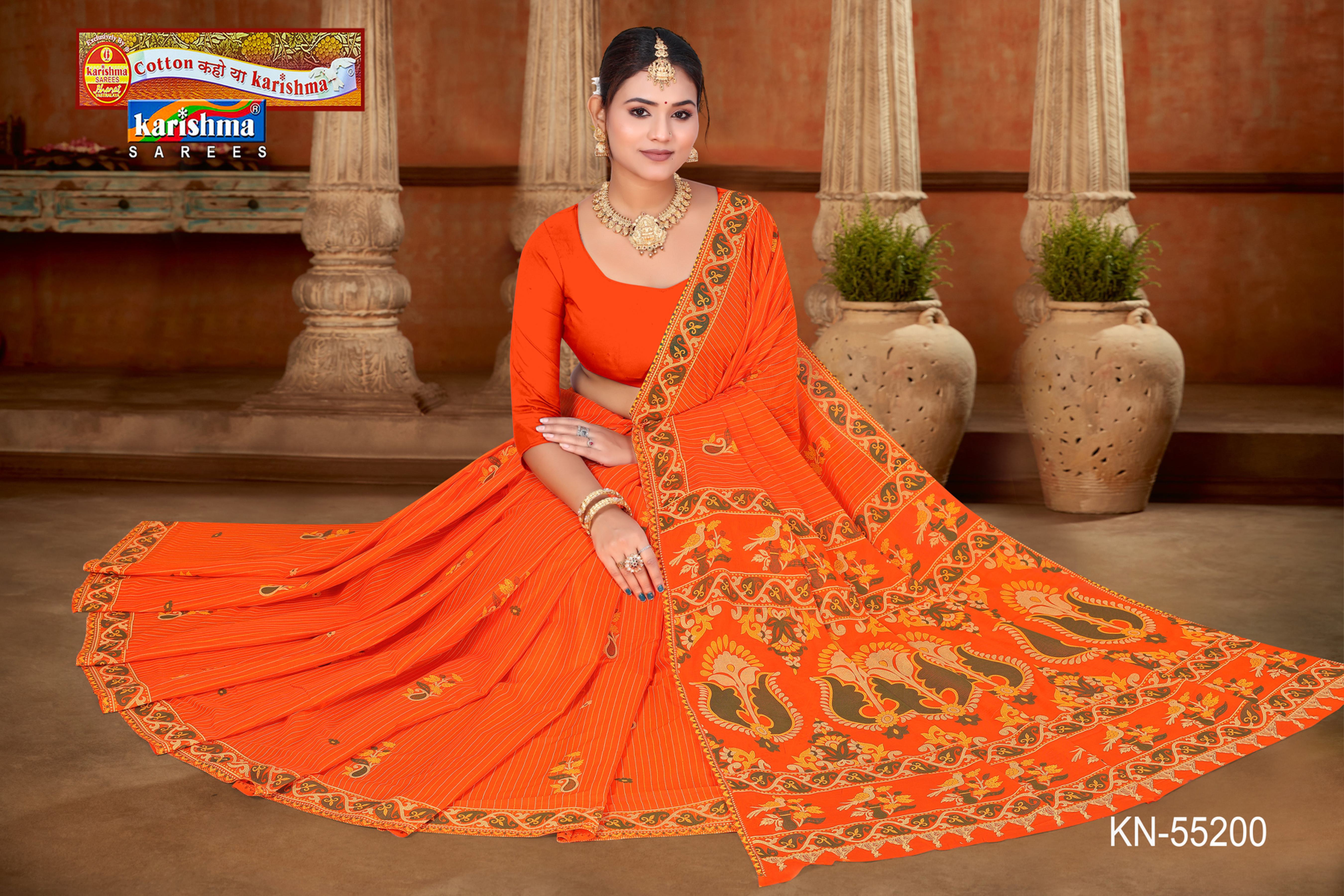 Orange Pure Cotton Mulmul (Medium Soft) Saree With Traditional Desigen And Border