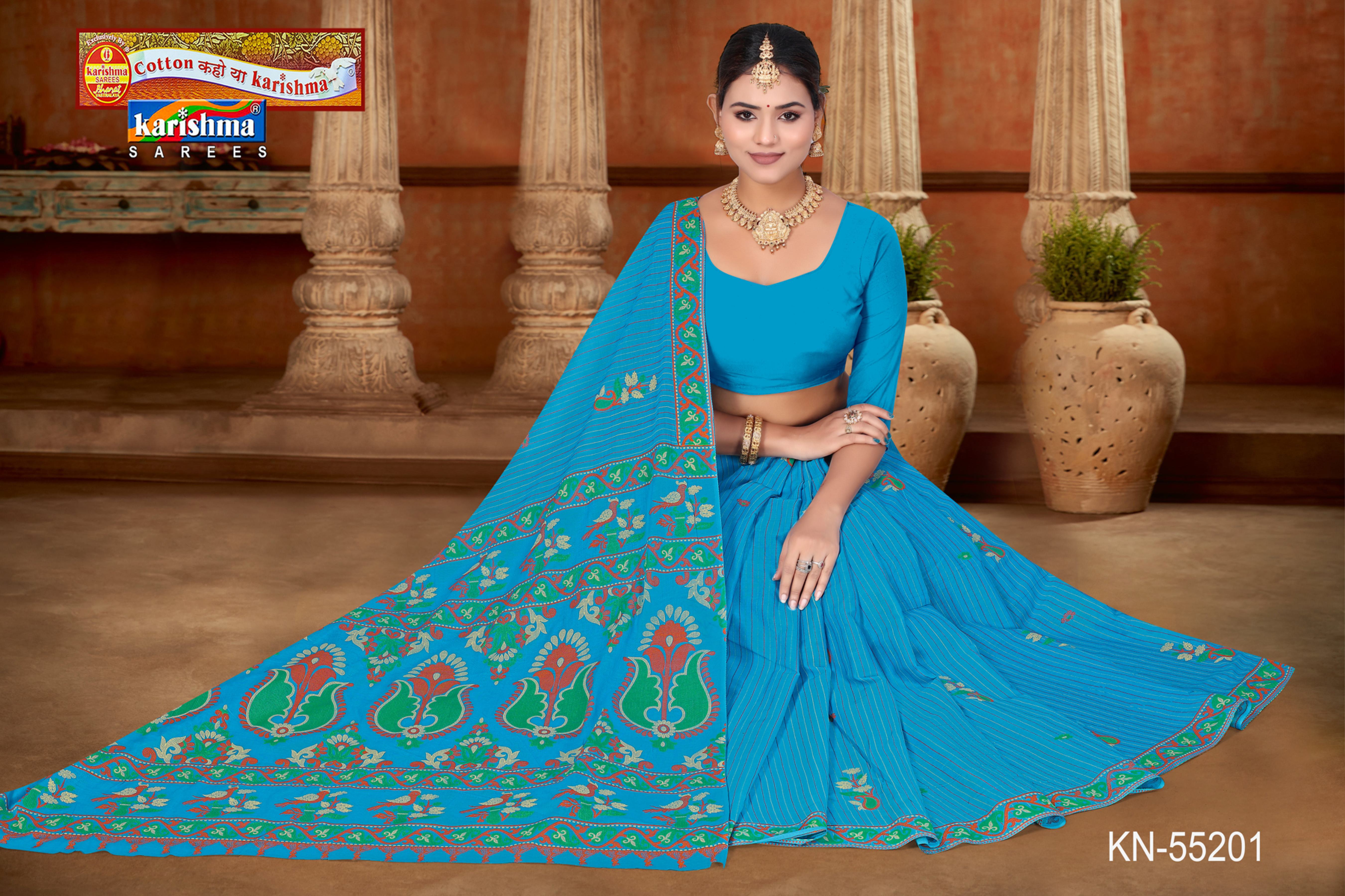 Sky Blue Pure Cotton Mulmul (Medium Soft) Saree With Traditional Desigen And Border