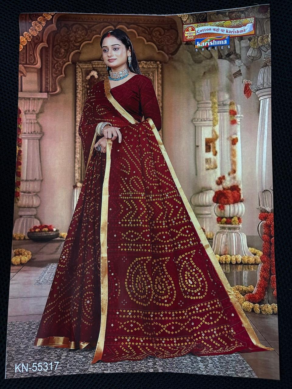Red Pure Cotton Mulmul (Soft) Saree With Bandhani Print And Golden Border