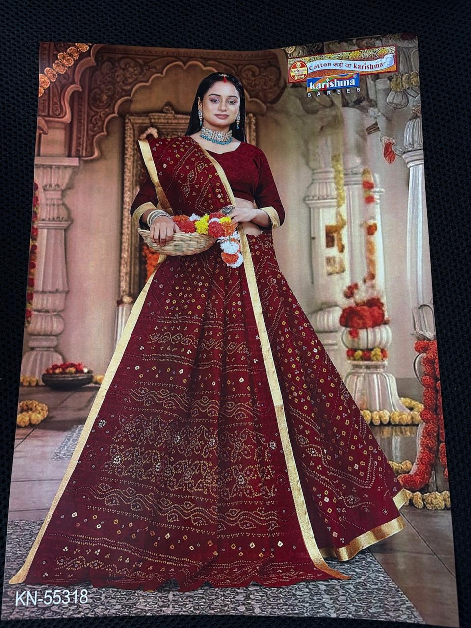Dark Red Pure Cotton Mulmul (Soft) Saree With Bandhani Print And Golden Border