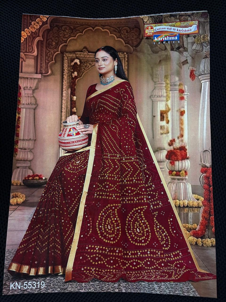 Light Red Pure Cotton Mulmul (Soft) Saree With Bandhani Print And Golden Border