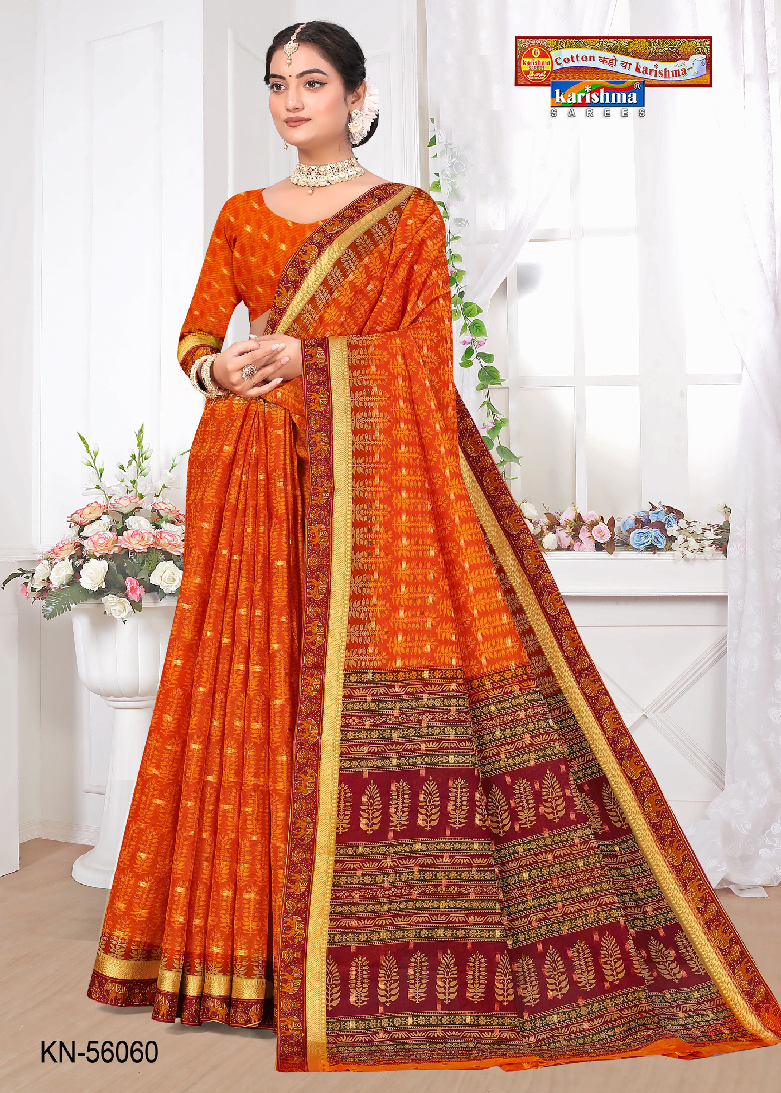 Orange Pure Cotton (Medium Soft) Mulmul Saree With Simple Design And Golden Border