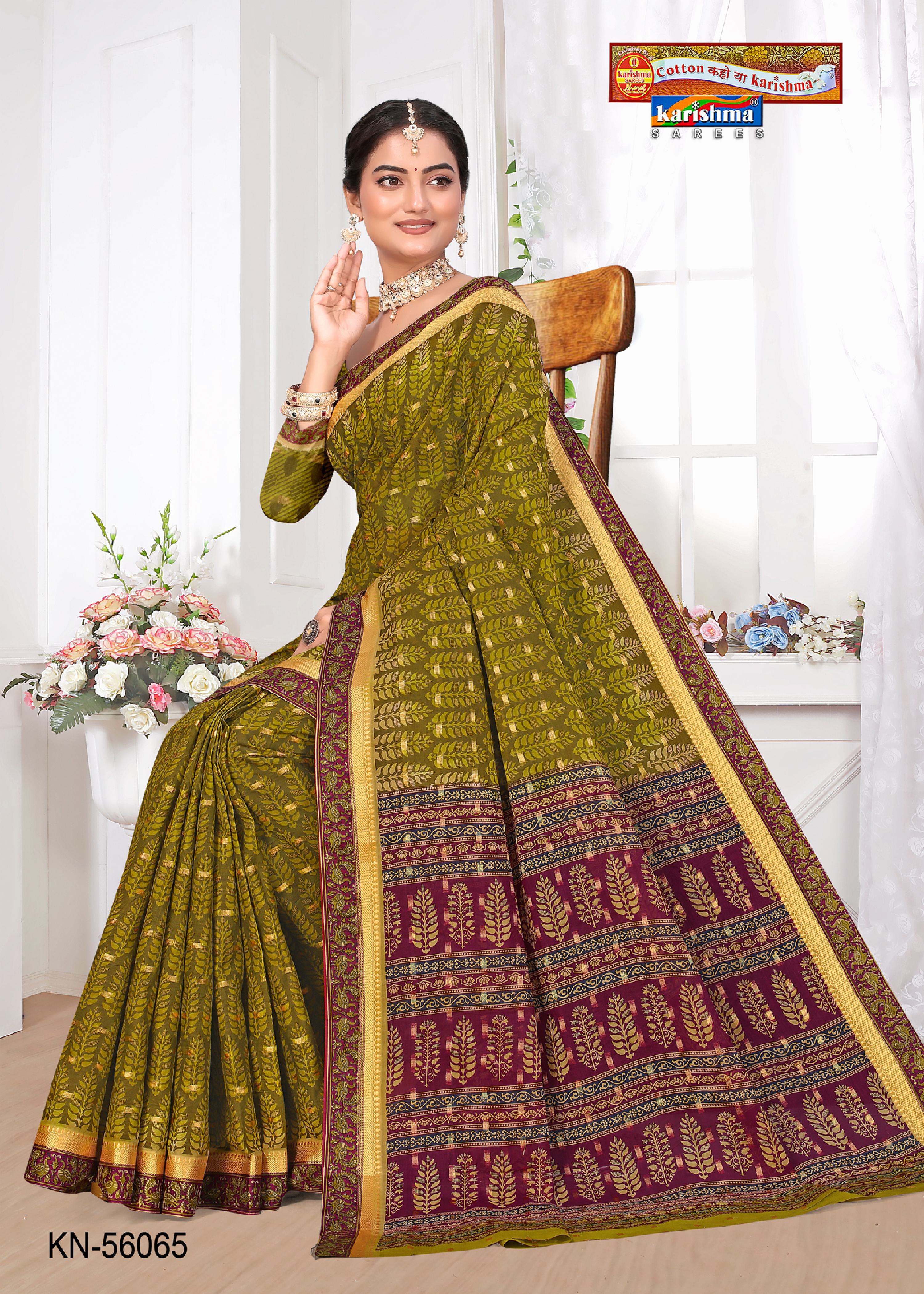Olive Pure Cotton (Medium Soft) Mulmul Saree With Simple Design And Golden Border