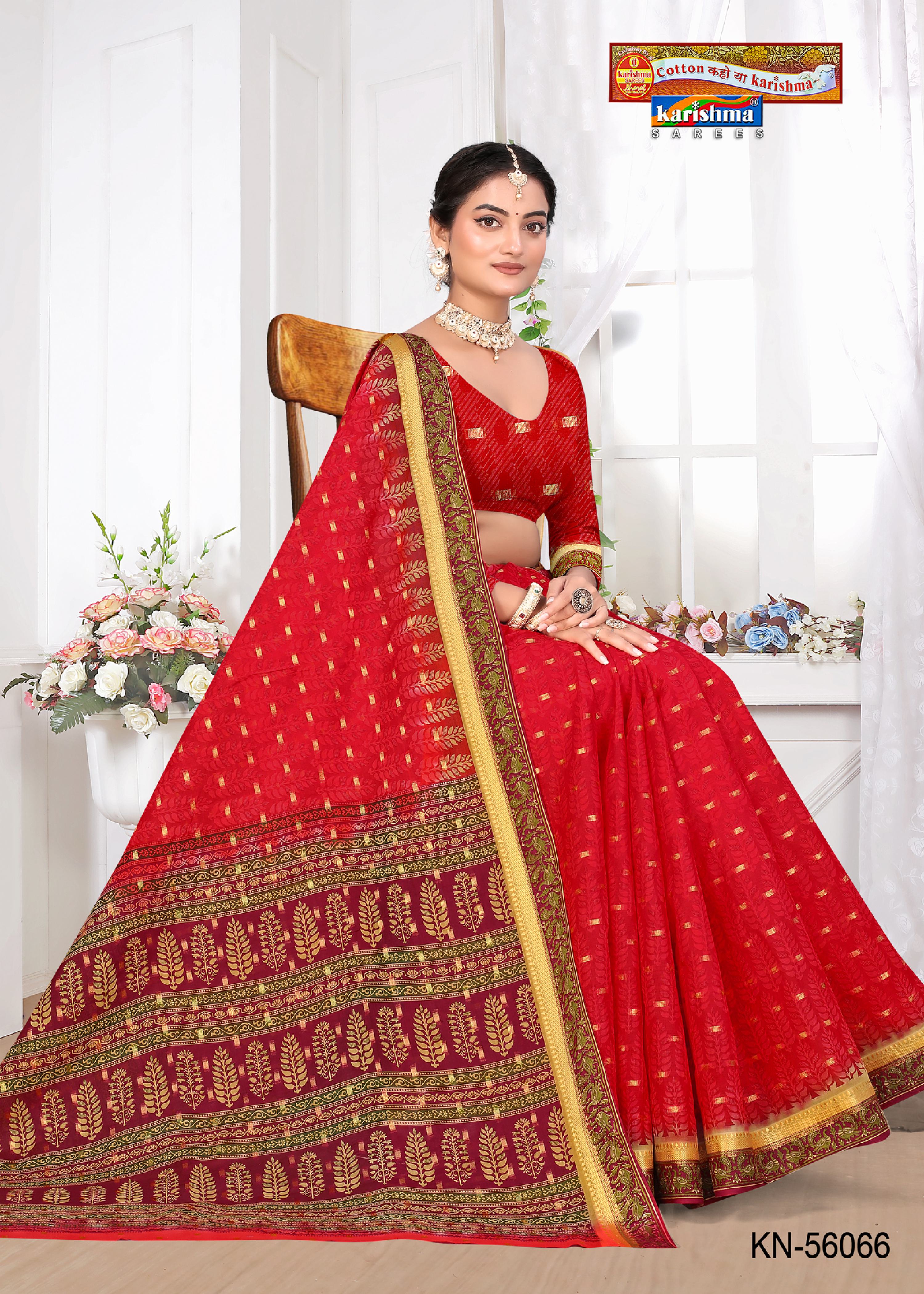 Red Pure Cotton (Medium Soft) Mulmul Saree With Simple Design And Golden Border