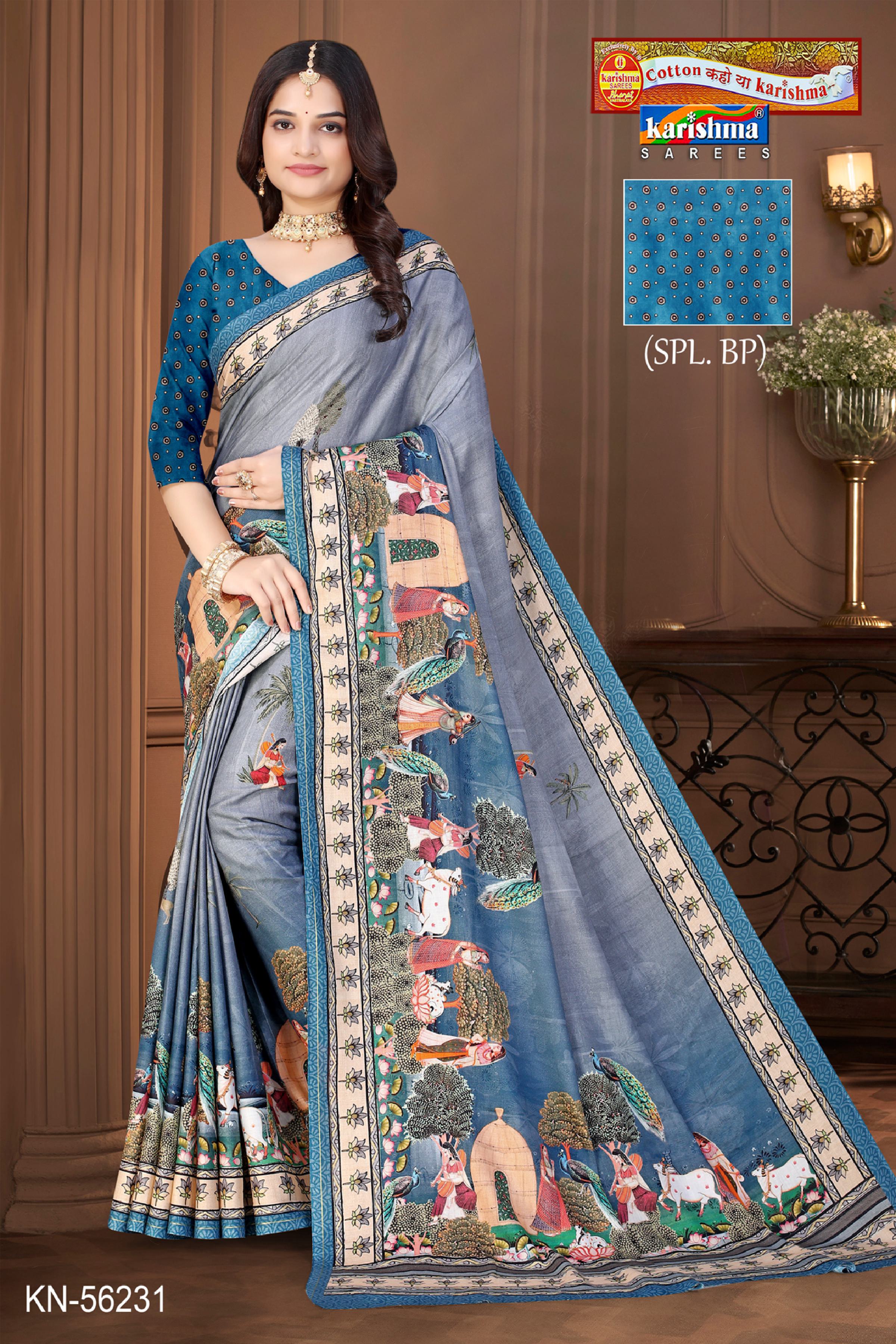 Blue Pure Cotton (Soft) Malai Saree With Beautiful Floral Design.