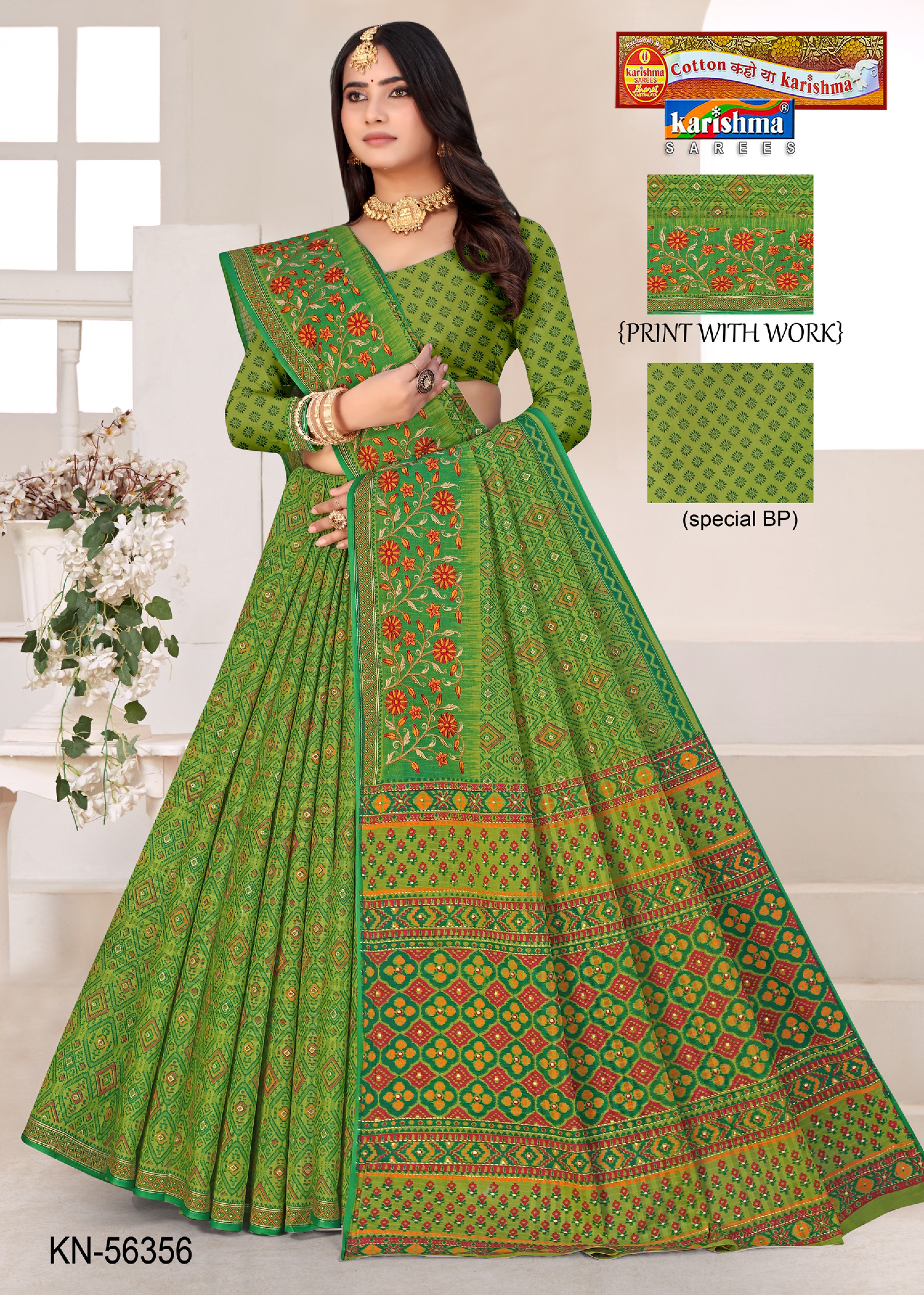 Green Pure Cotton (stiff) Mulmul Saree With Traditional Print Allover And Floral Border