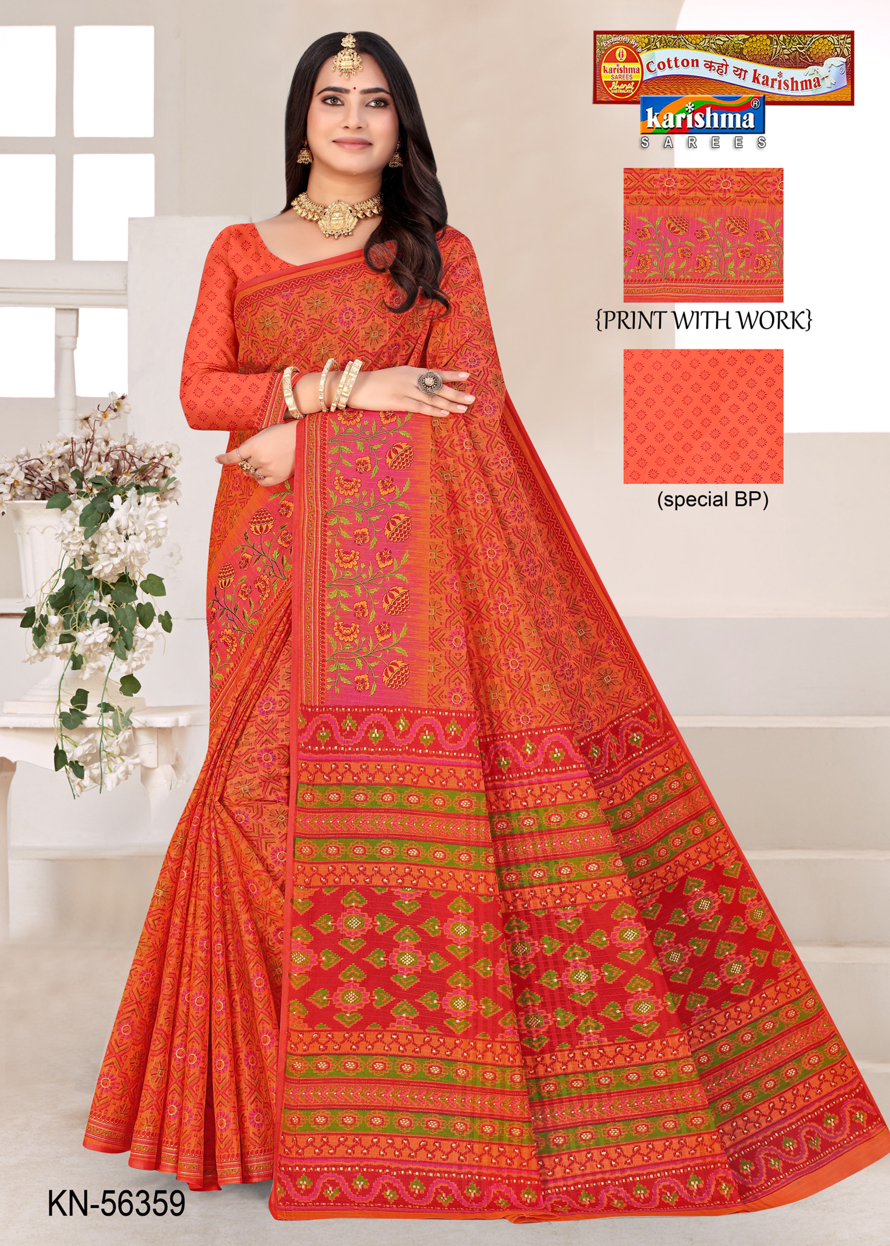 Orange Pure Cotton (stiff) Mulmul Saree With Traditional Print Allover And Floral Border