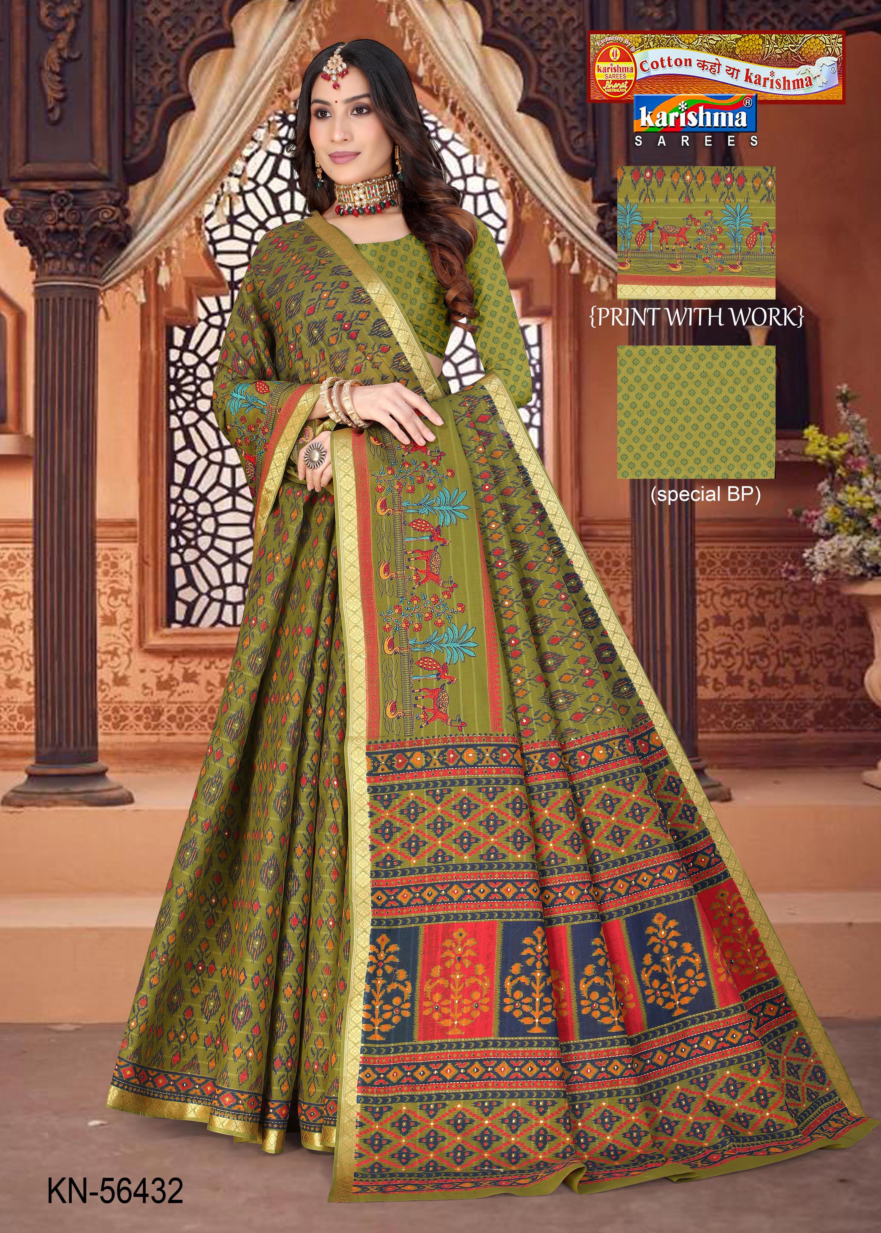 Green Pure Cotton Mulmul ( Medium Soft ) Saree With Ikat Print And Embrodery