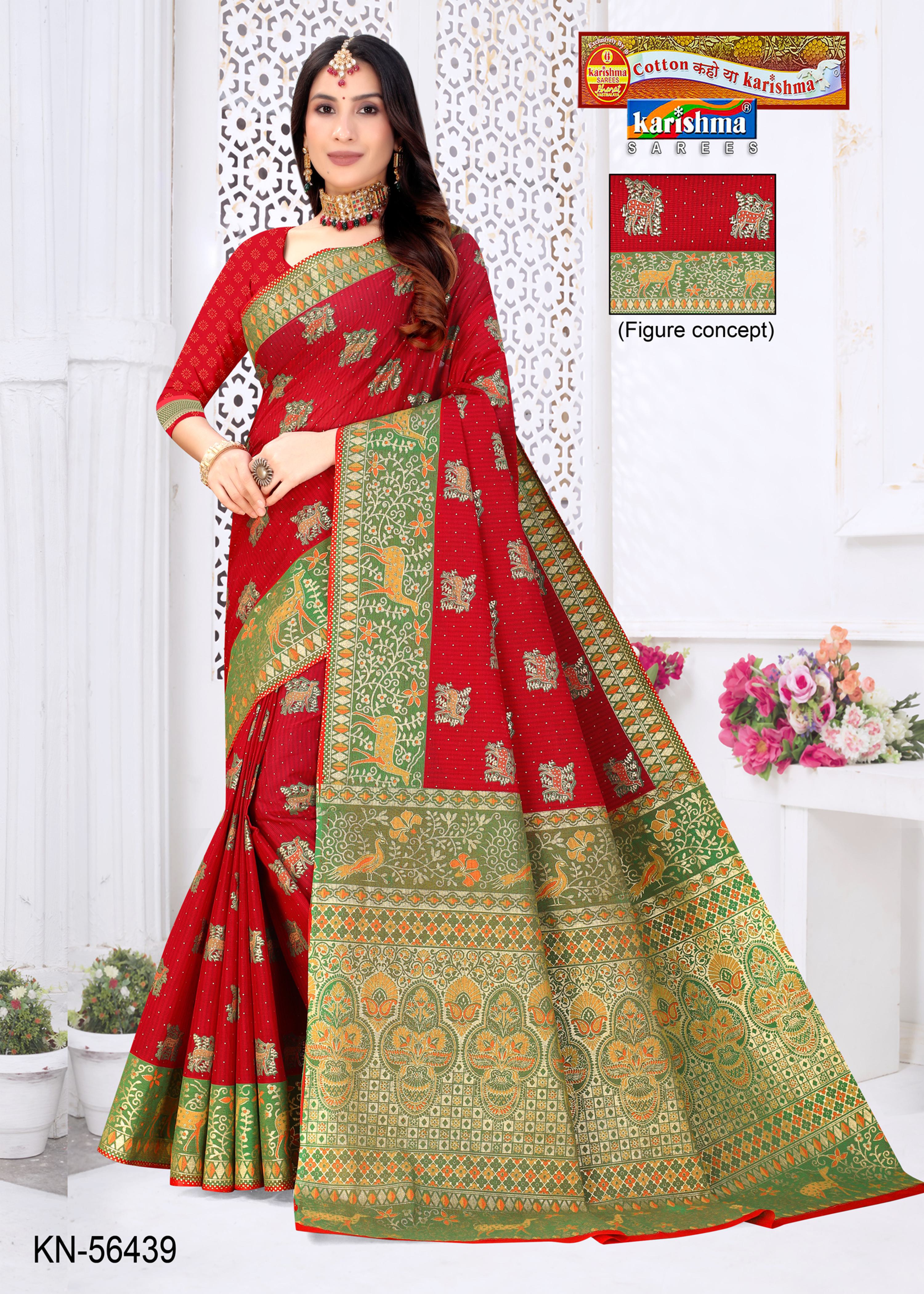 Red Pure Cotton Mulmul (Stiff ) Saree With Bird And Elephant Print