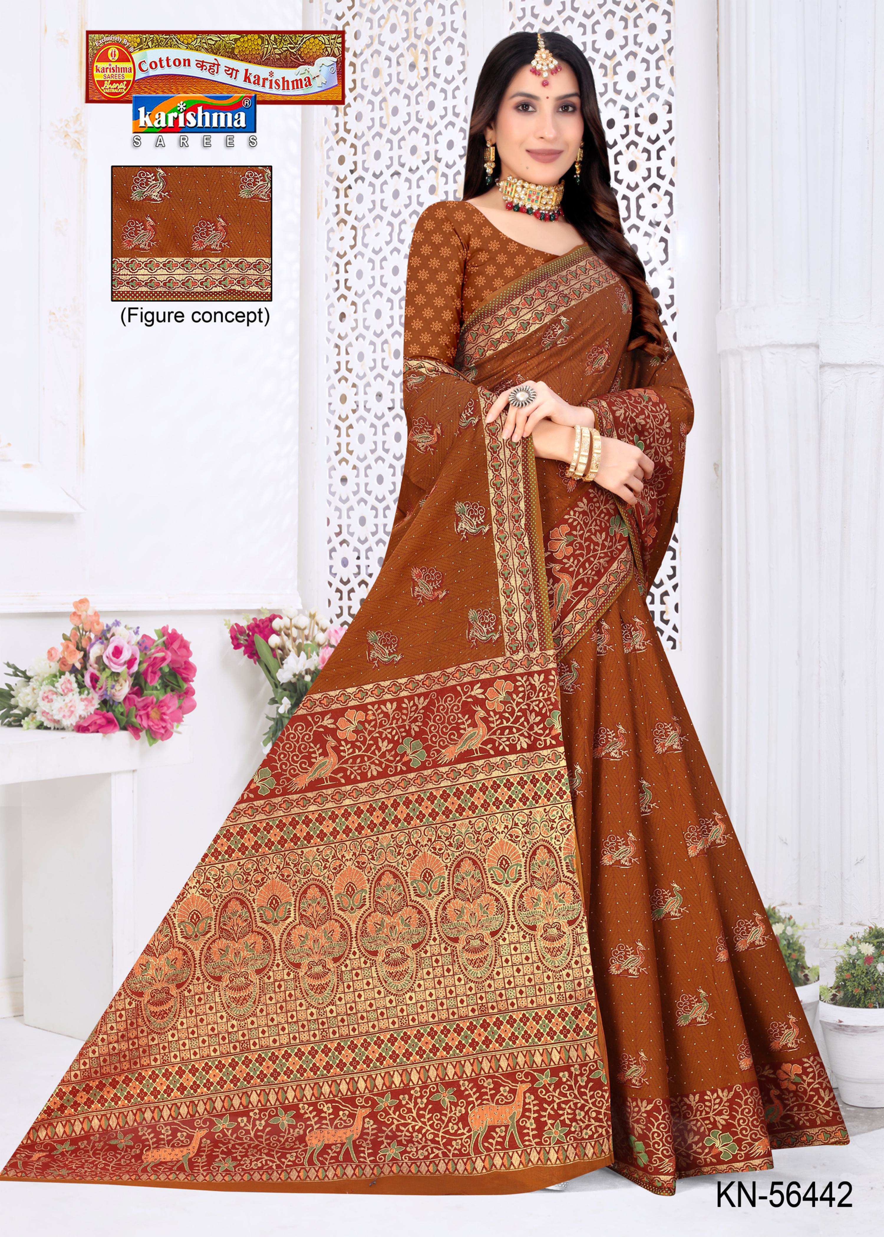 Golden Dark  Pure Cotton Mulmul (Stiff ) Saree With Bird And Elephant Print