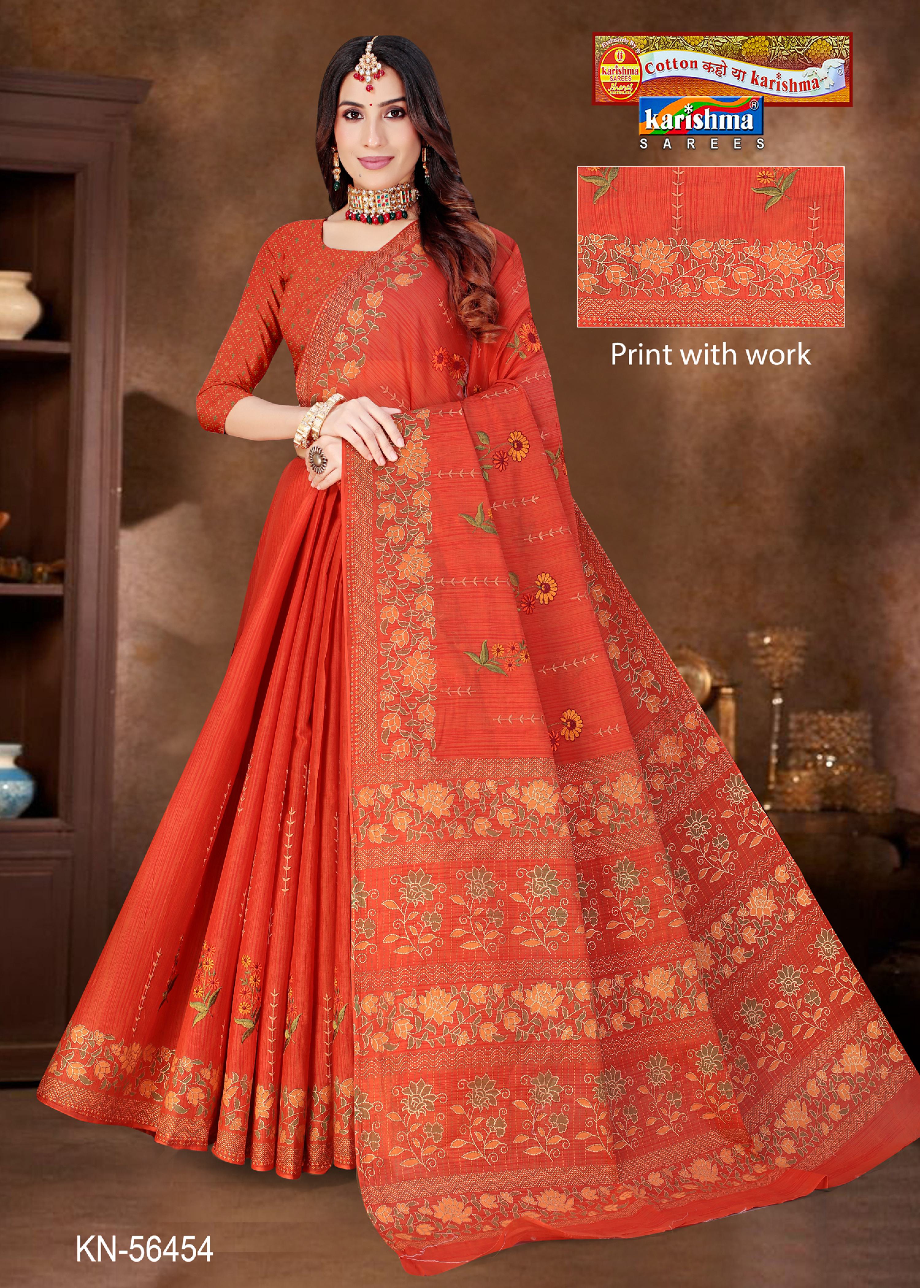 Orange Pure Cotton Mulmul ( Medium Soft ) Saree With Floral Print And Embrodery