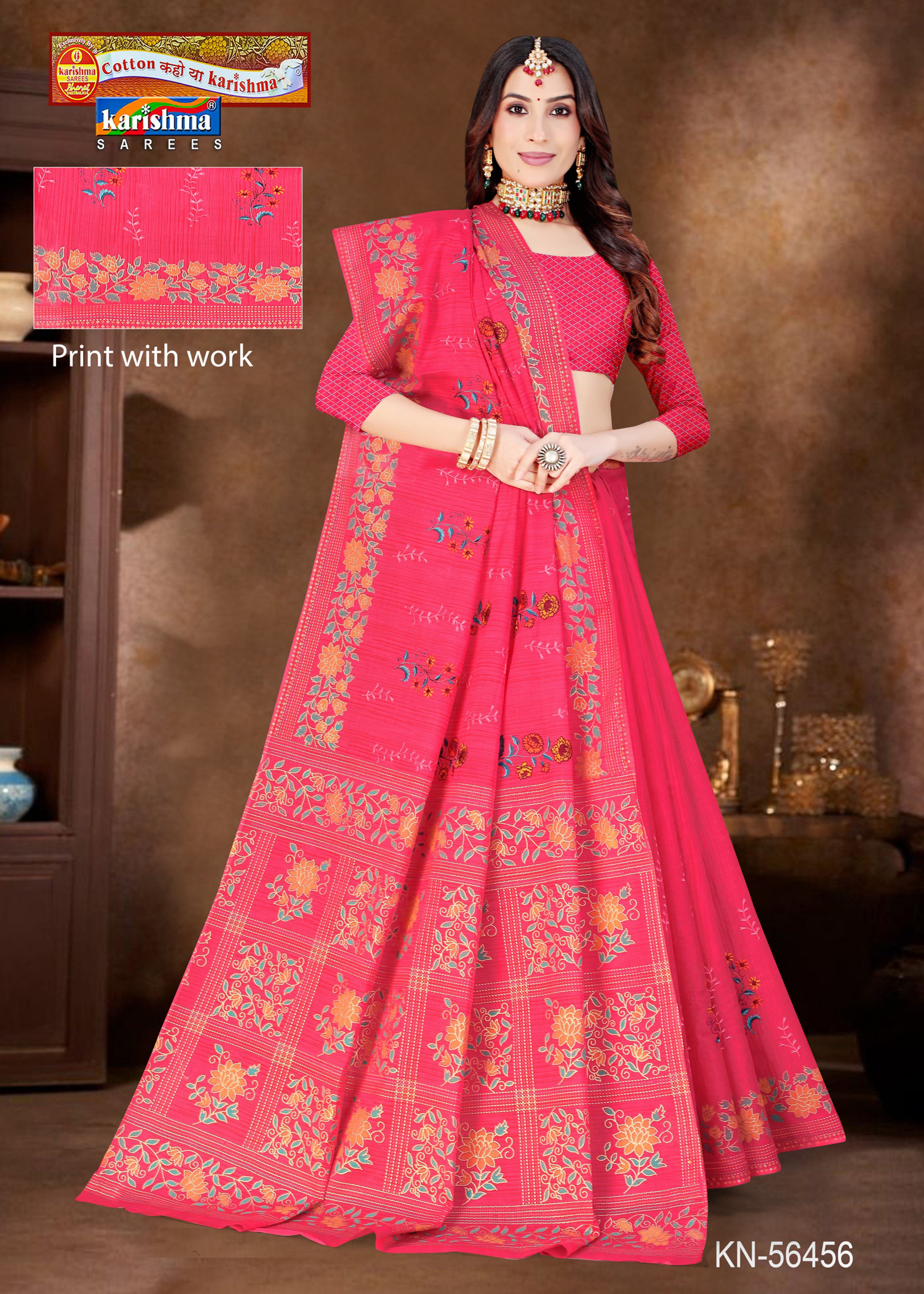 Magenta Pure Cotton Mulmul ( Medium Soft ) Saree With Floral Print And Embrodery