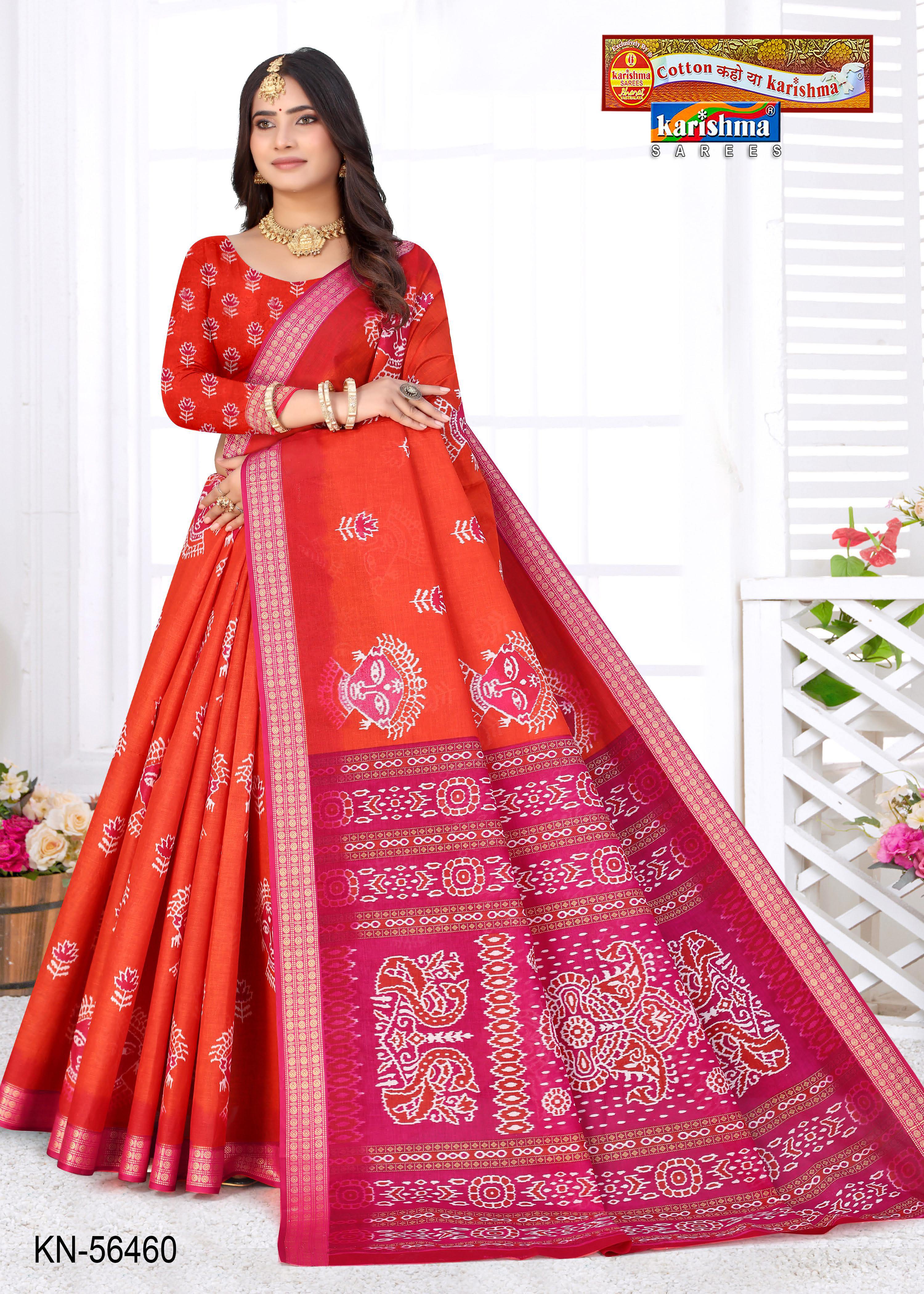 Orange Pure Cotton Malai (Soft) Saree With Beautiful Traditional Print