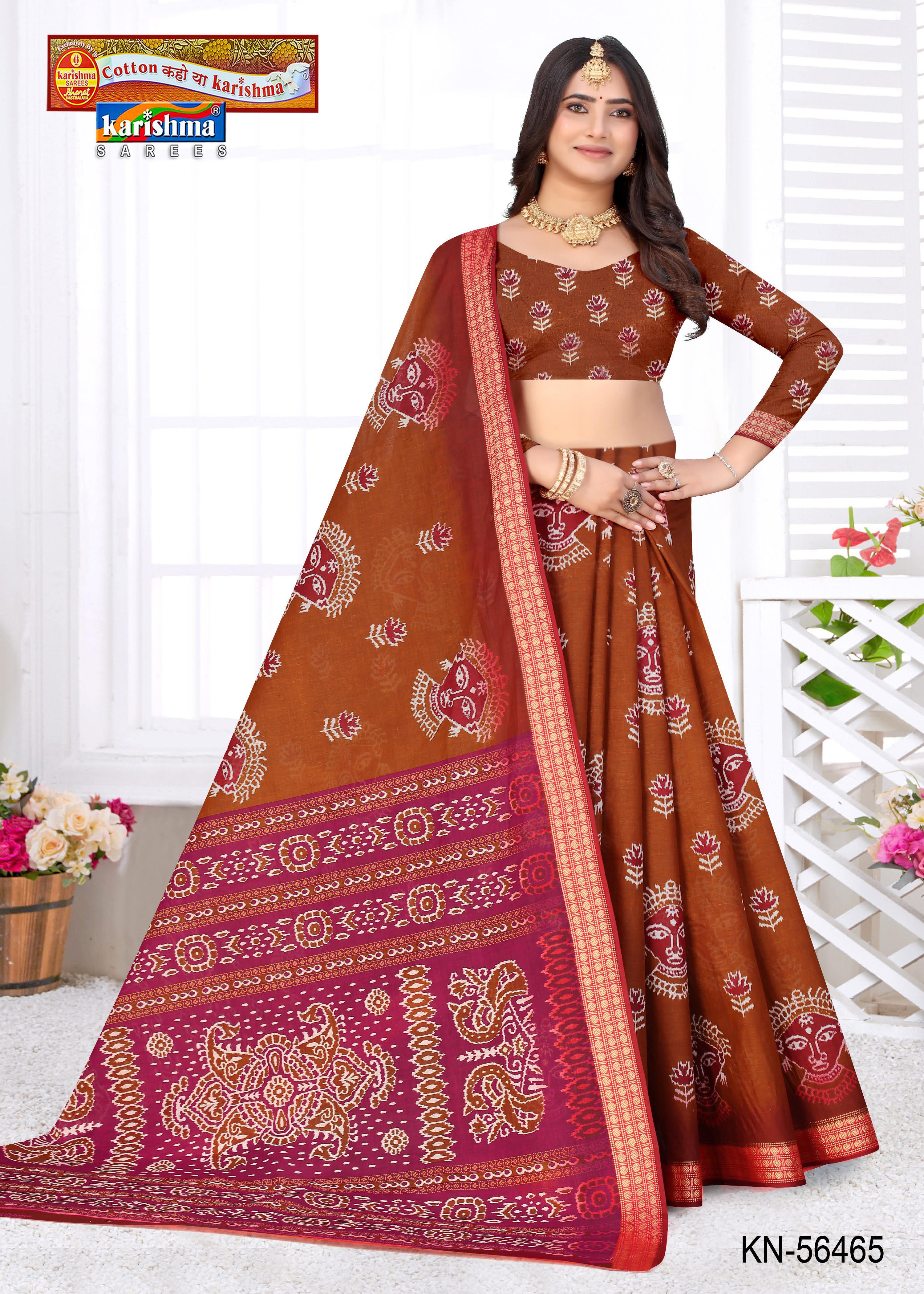 Brown Pure Cotton Malai (Soft) Saree With Beautiful Traditional Print