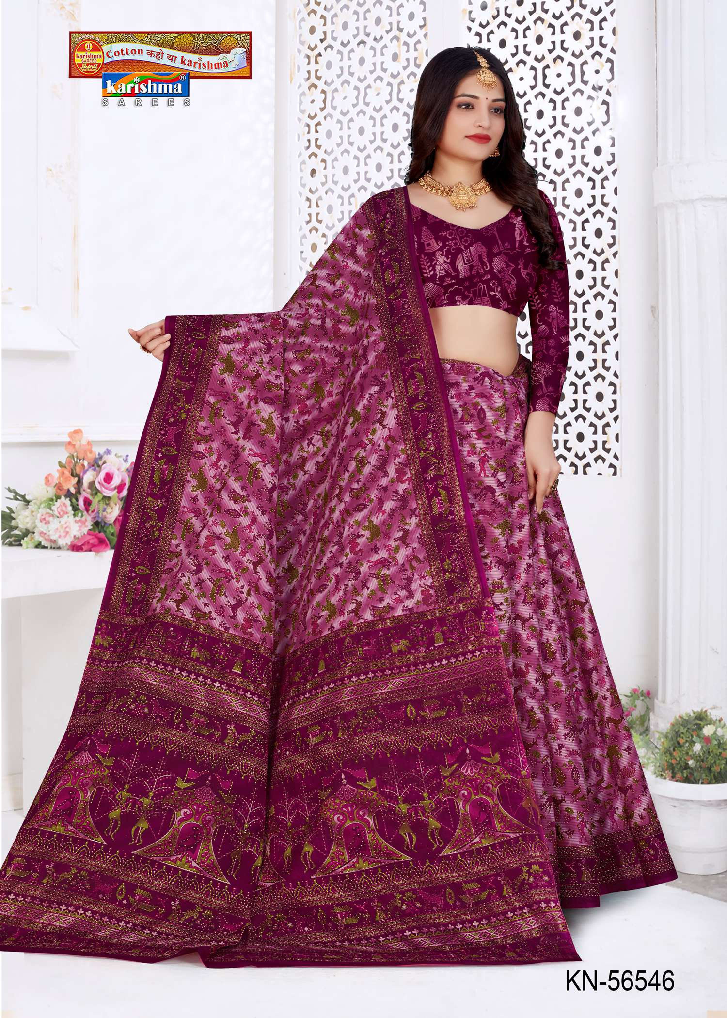 Purple Pure Cotton Mulmul (Medium Soft) Saree With Elephant And Warli Print