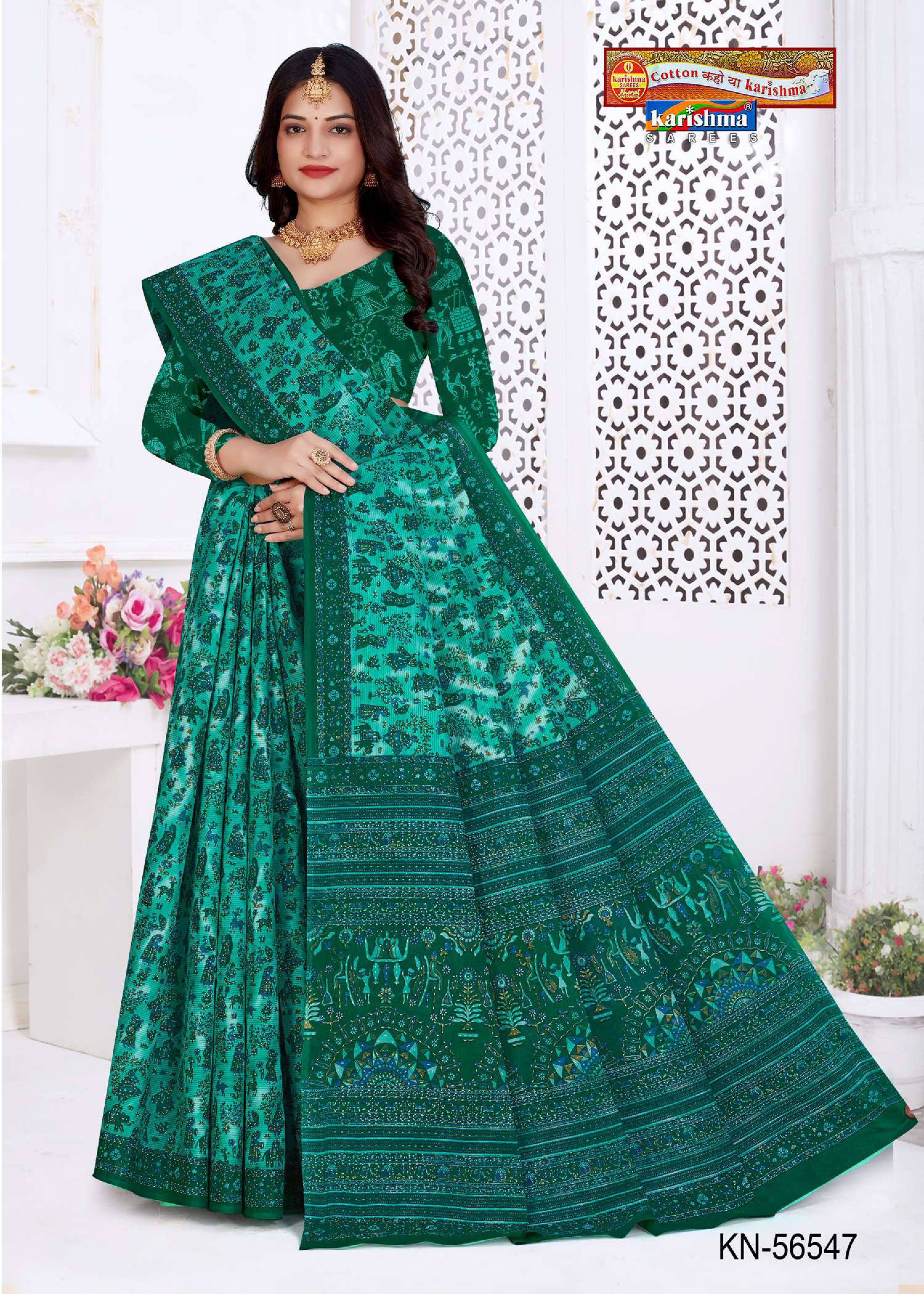 Green Pure Cotton Mulmul (Medium Soft) Saree With Elephant And Warli Print