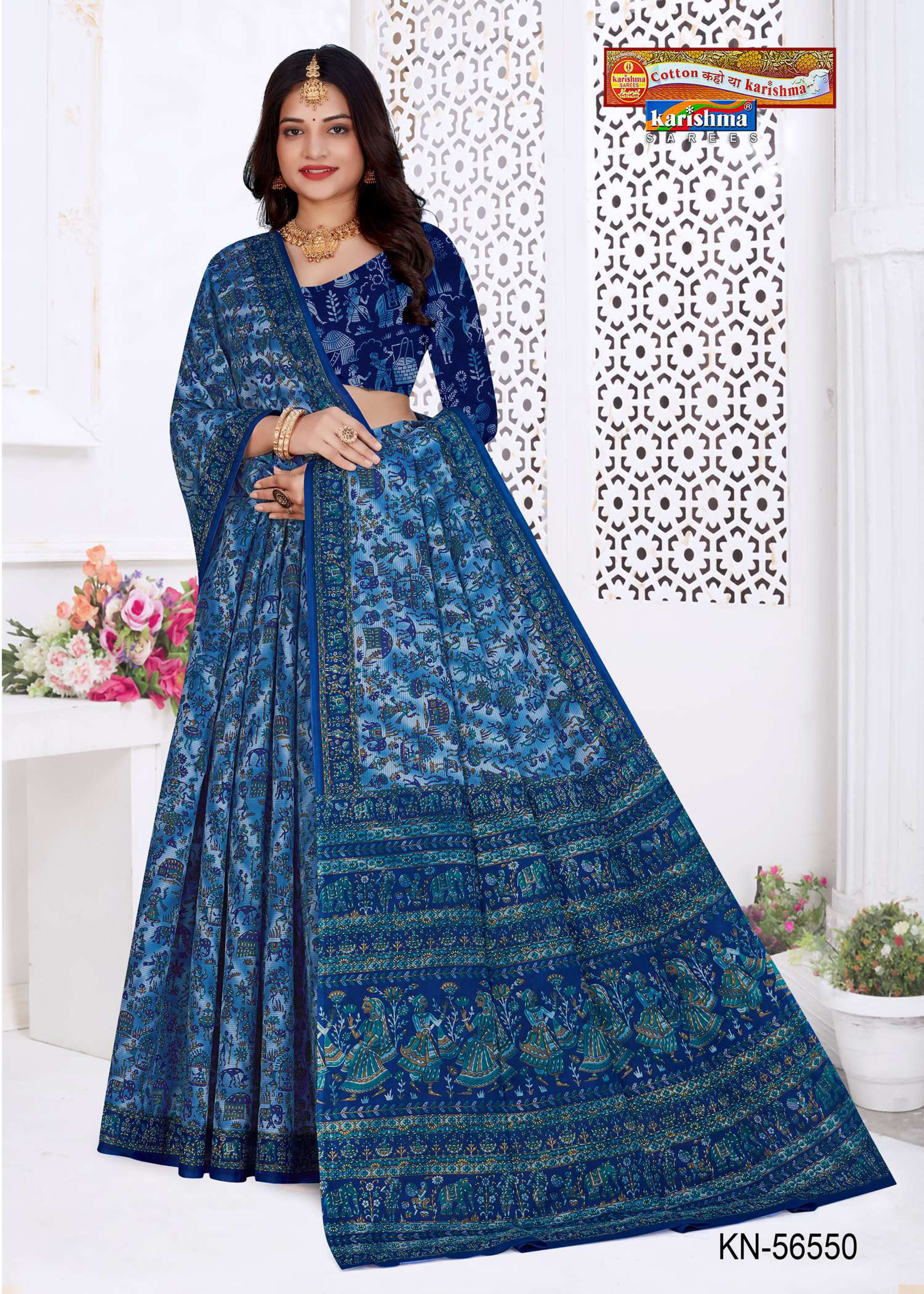 Blue Pure Cotton Mulmul (Medium Soft) Saree With Elephant And Warli Print