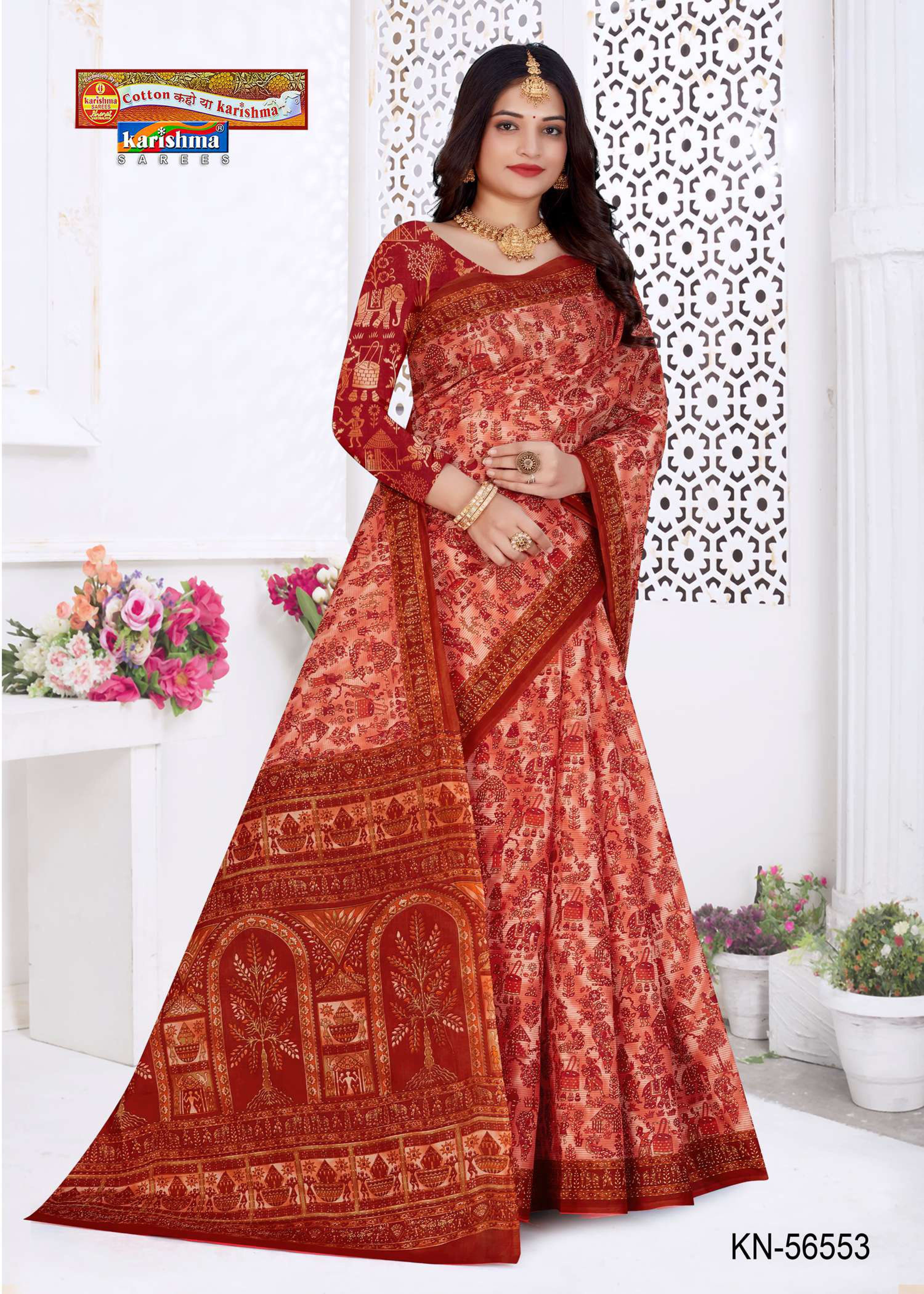 Orange Pure Cotton Mulmul (Medium Soft) Saree With Elephant And Warli Print