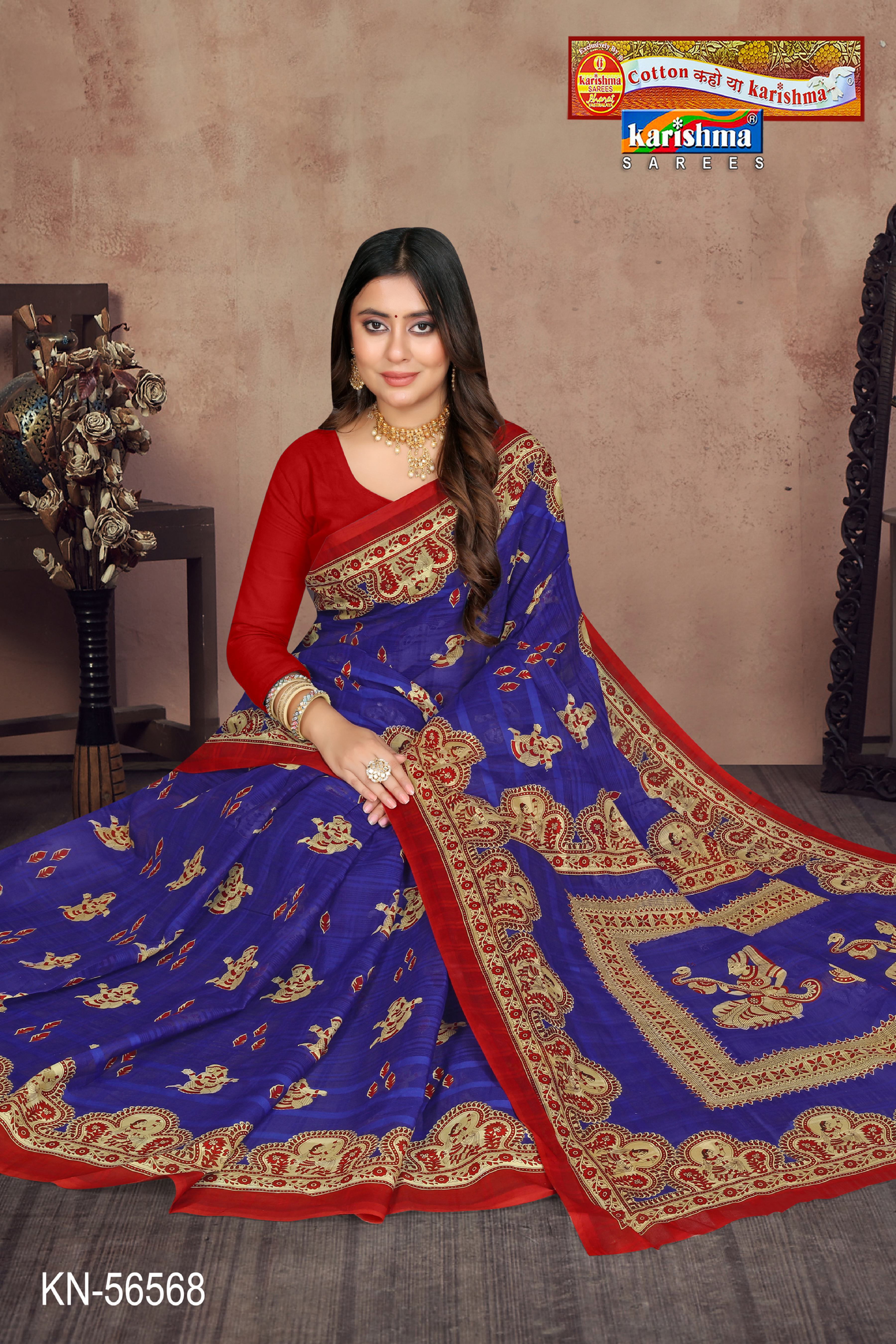 Navy Pure Cotton Mulmul (Stiff) Saree With Figure And Elephant Print