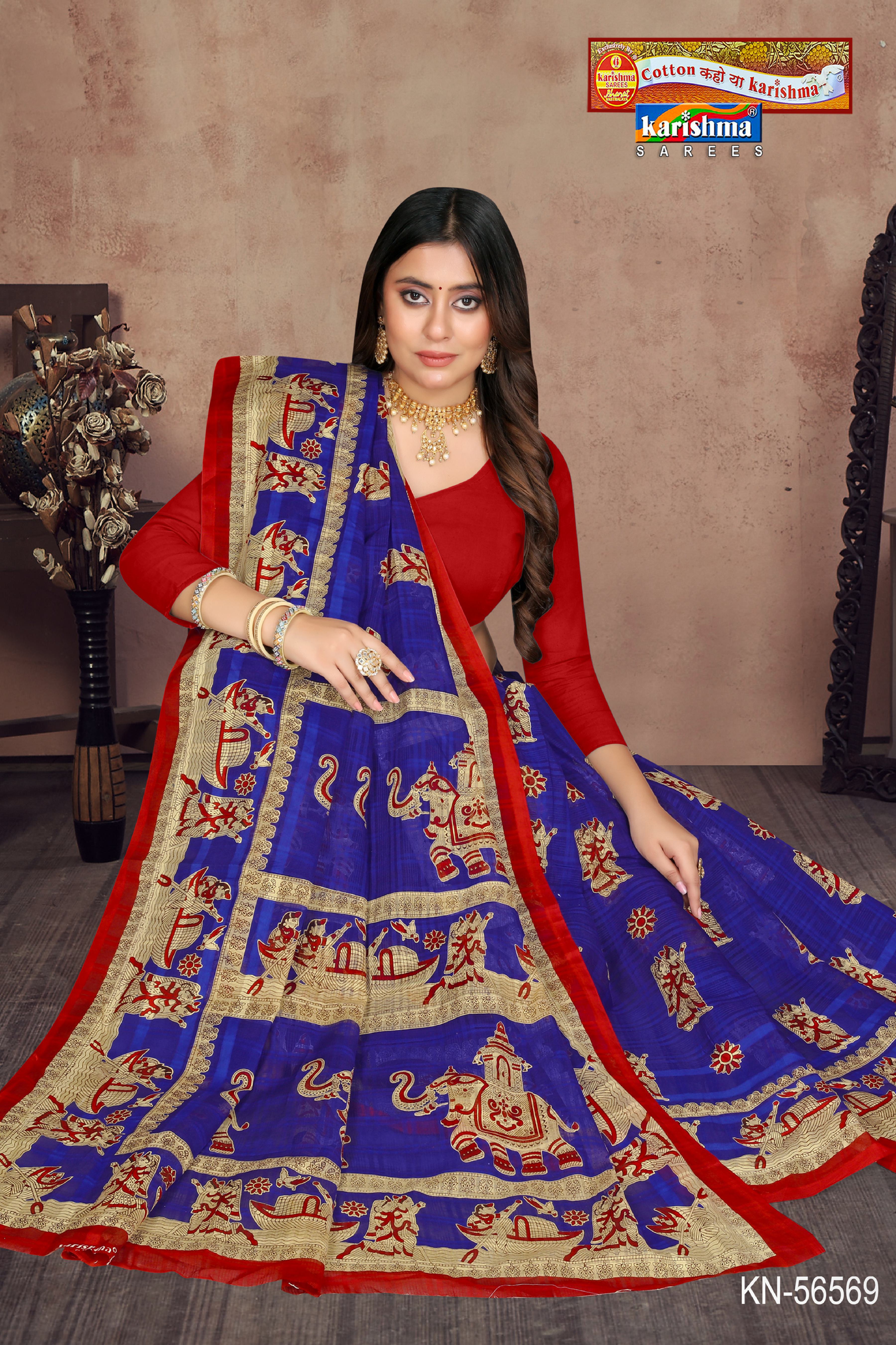 Navy Pure Cotton Mulmul (Stiff) Saree With Figure And Elephant Print