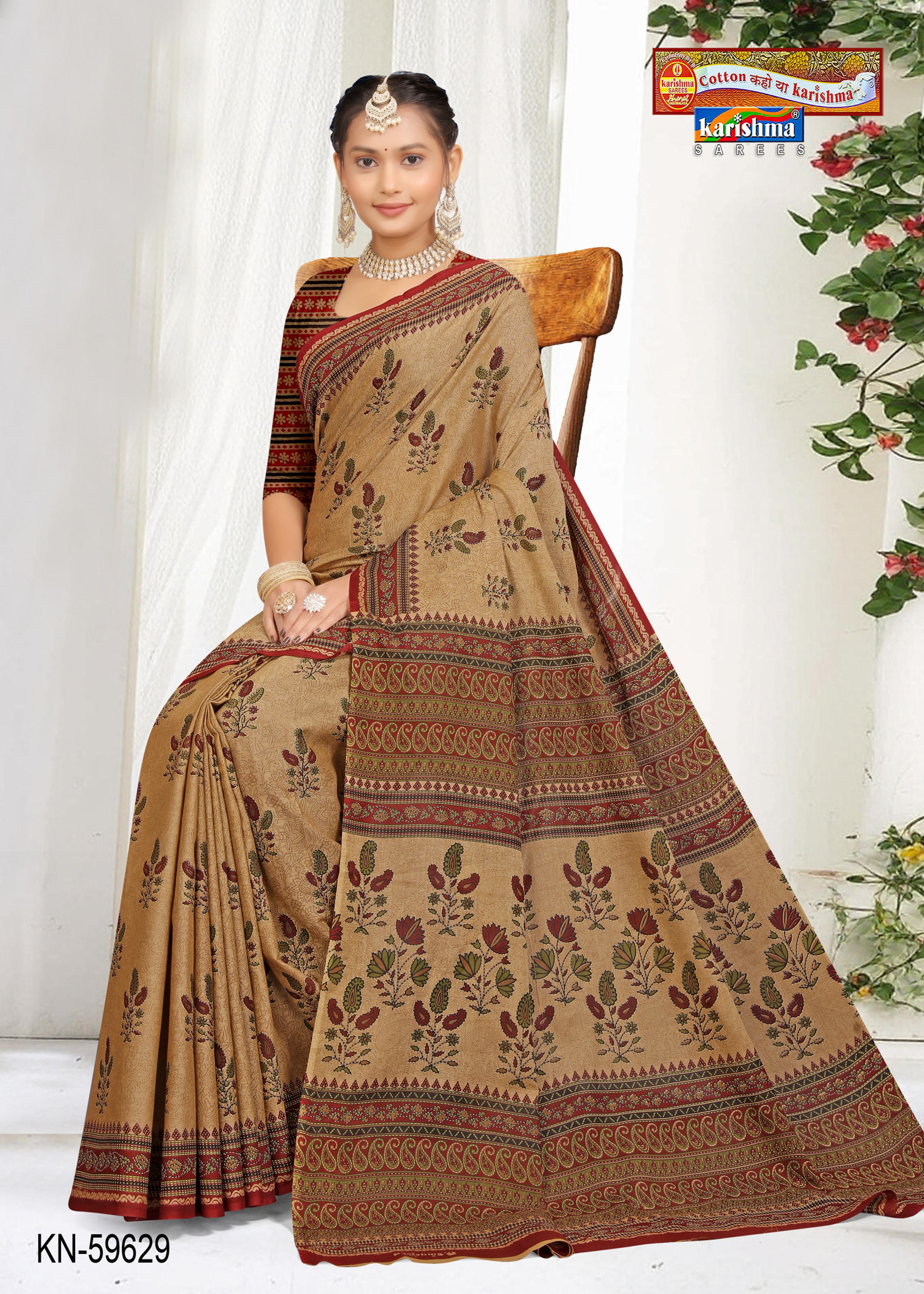Beige And Maroon Pure Cotton Muslin (Soft) Saree With Floral Print And Temple Floral Border