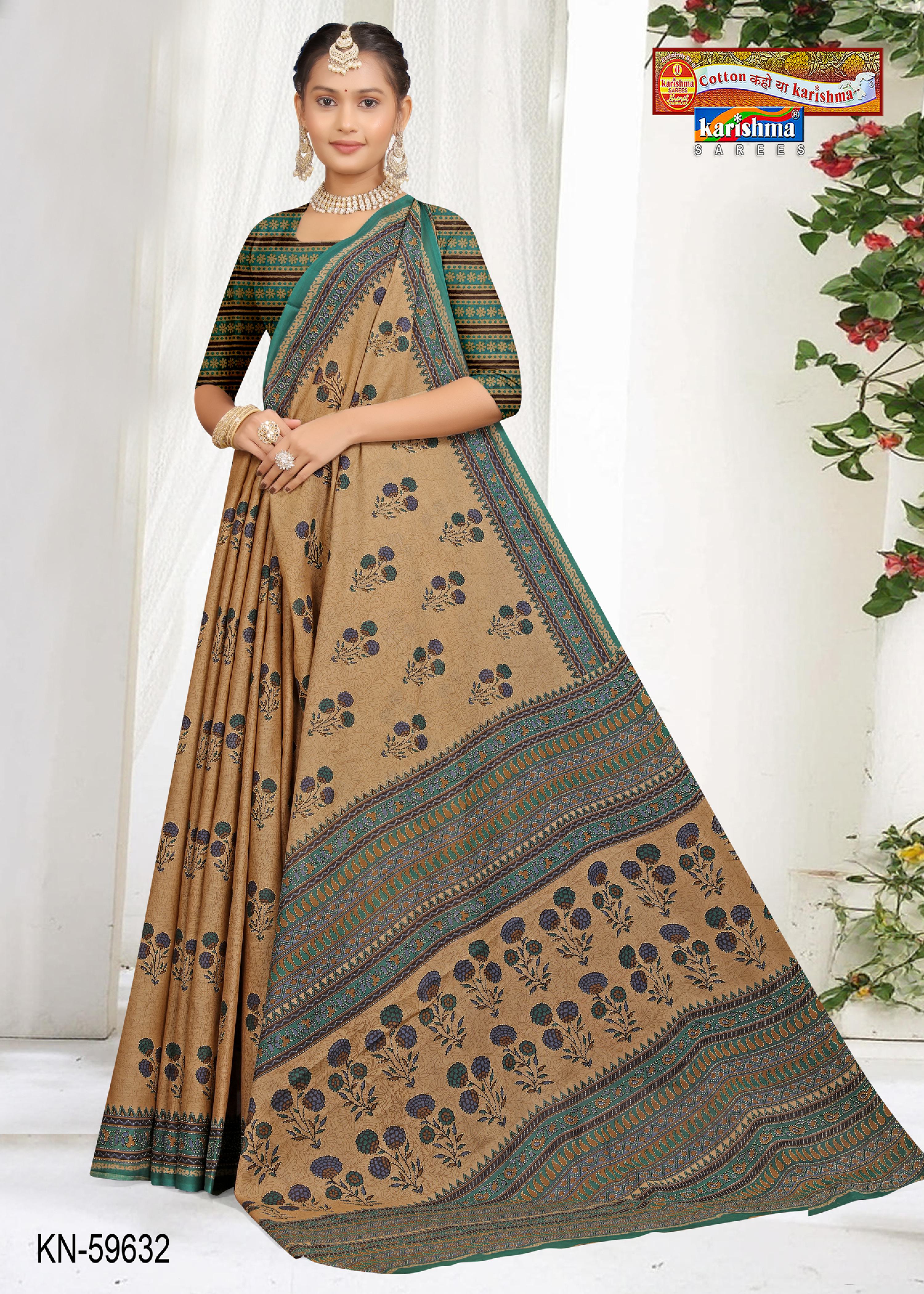 Beige And Teal Pure Cotton Muslin (Soft) Saree With Floral Print And Temple Floral Border