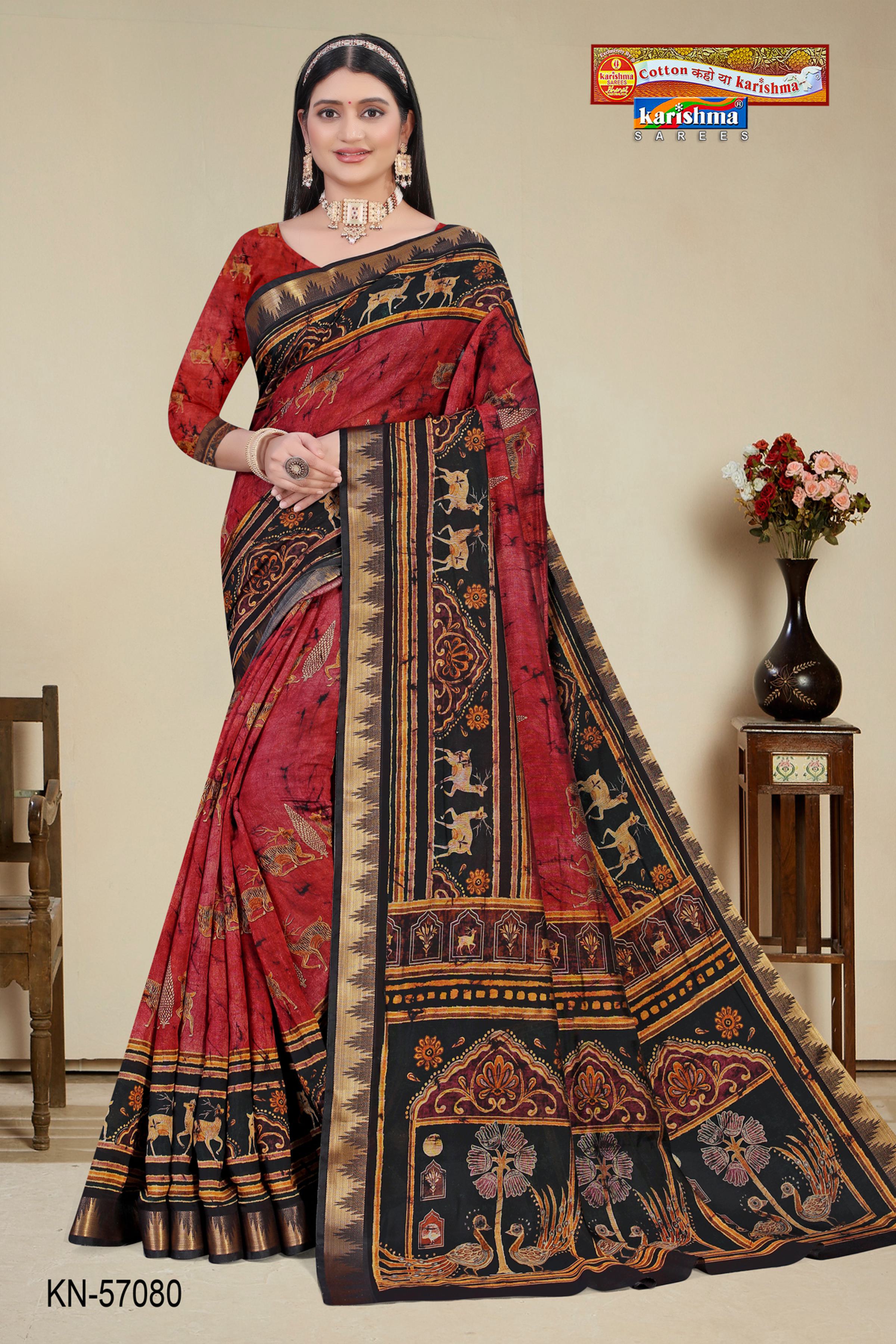 Red And Black Pure Cotton (Soft) Malai Saree With Modern Design And Figure