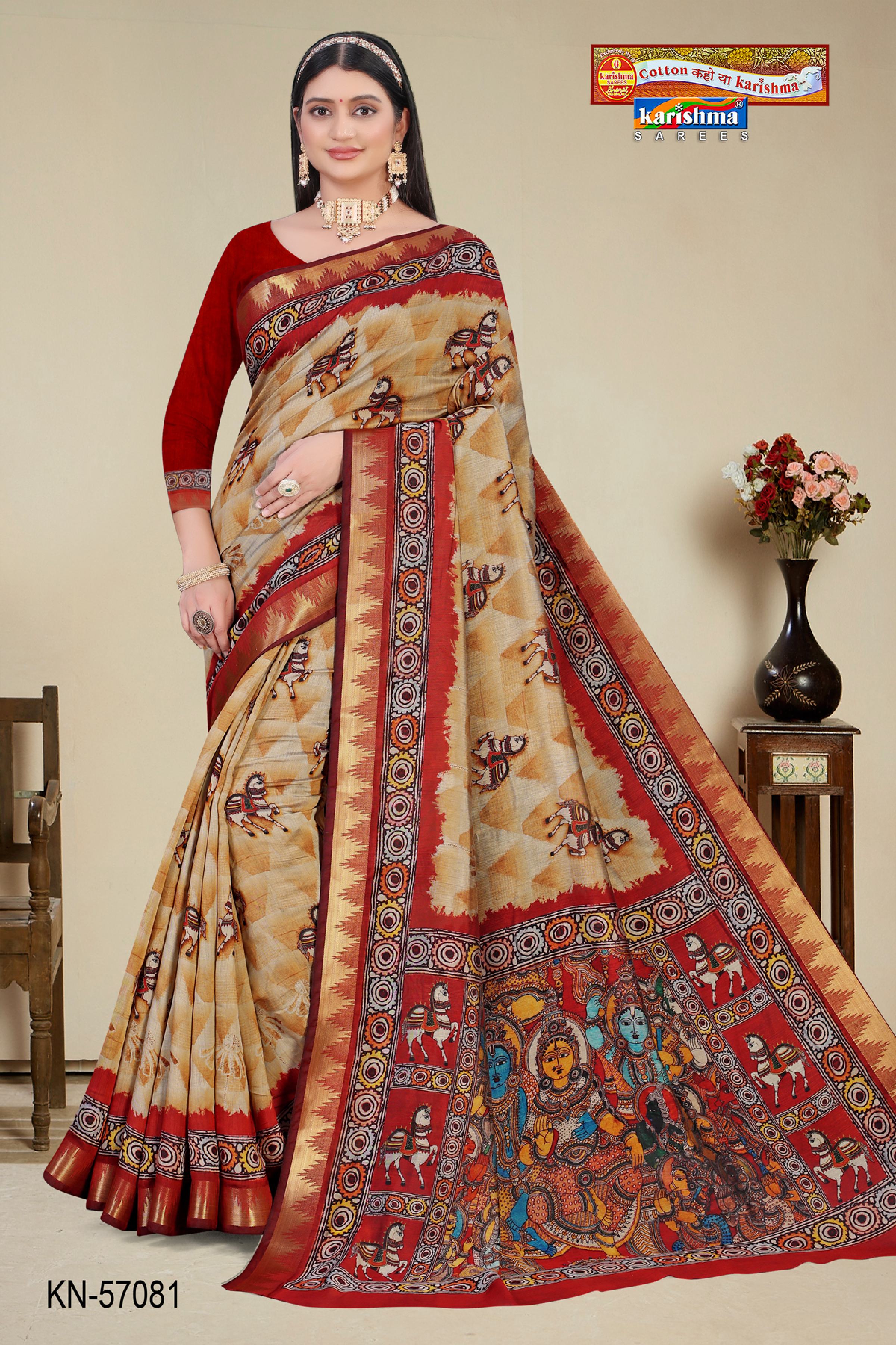 Cream And Red  Pure Cotton (Soft) Malai Saree With Modern Design And Figure