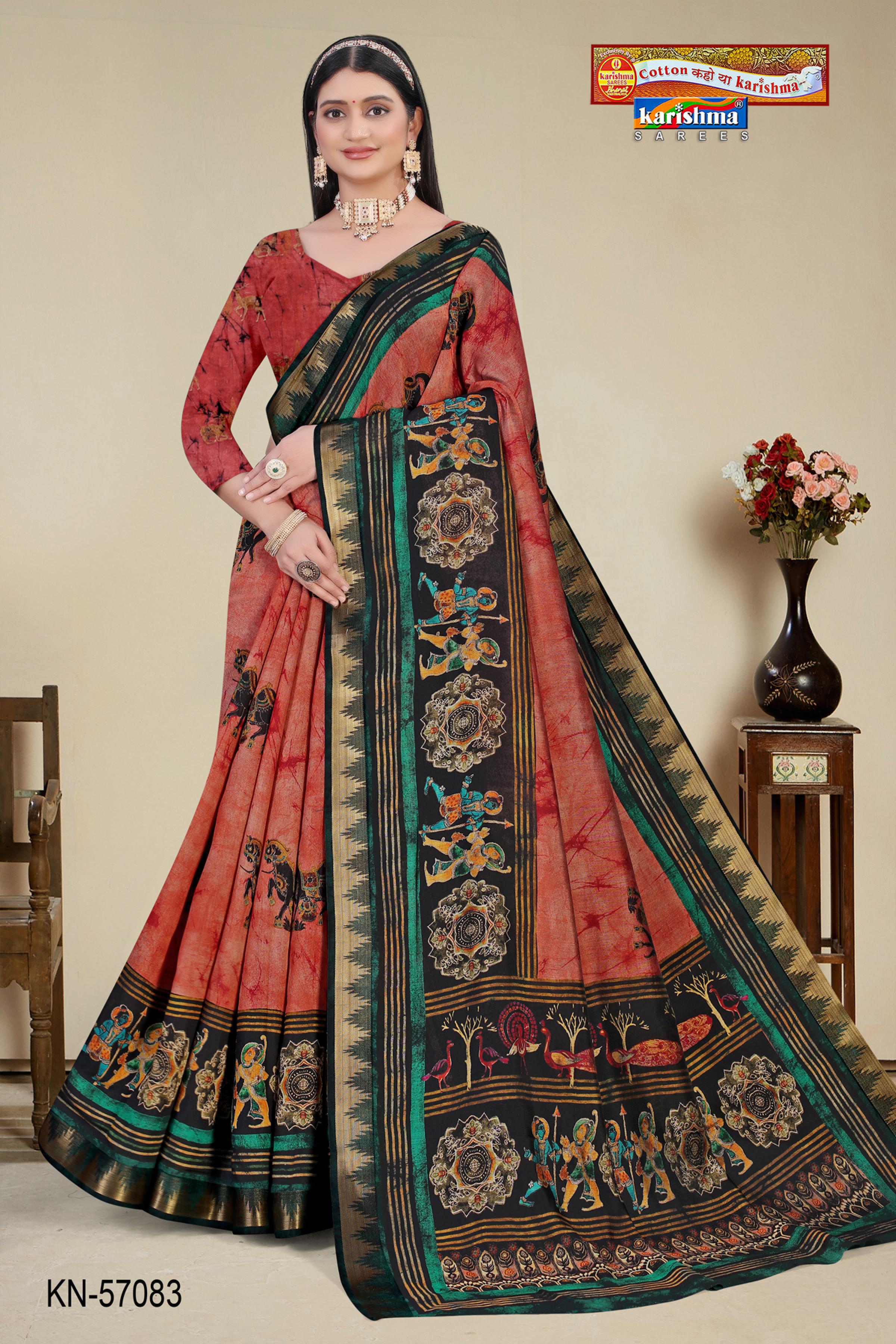 Peach And Green Pure Cotton (Soft) Malai Saree With Modern Design And Figure