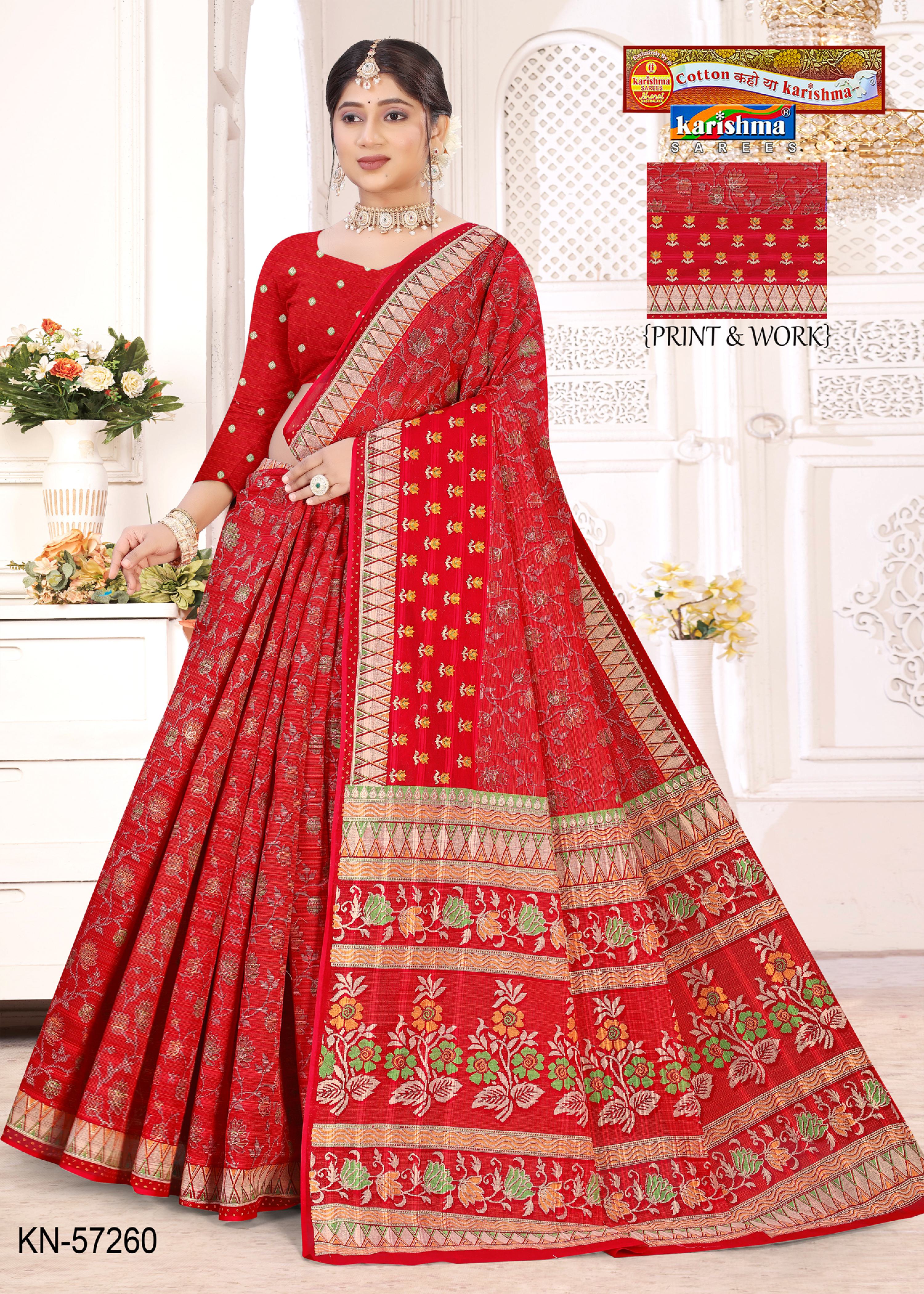 Red Pure Cotton Mulmul ( Medium Soft ) Saree With Traditional Floral Design