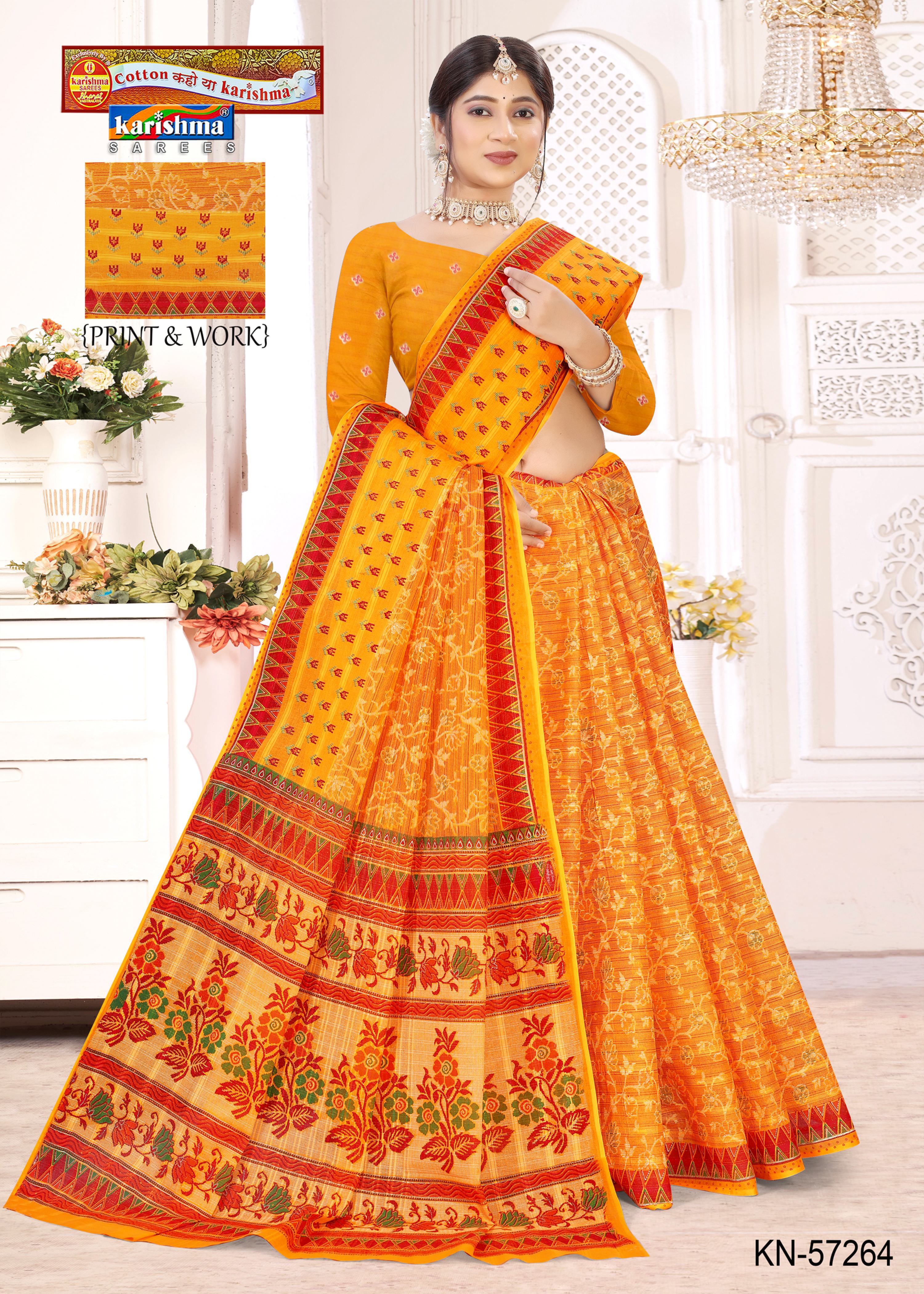 Yellow Pure Cotton Mulmul ( Medium Soft ) Saree With Traditional Floral Design