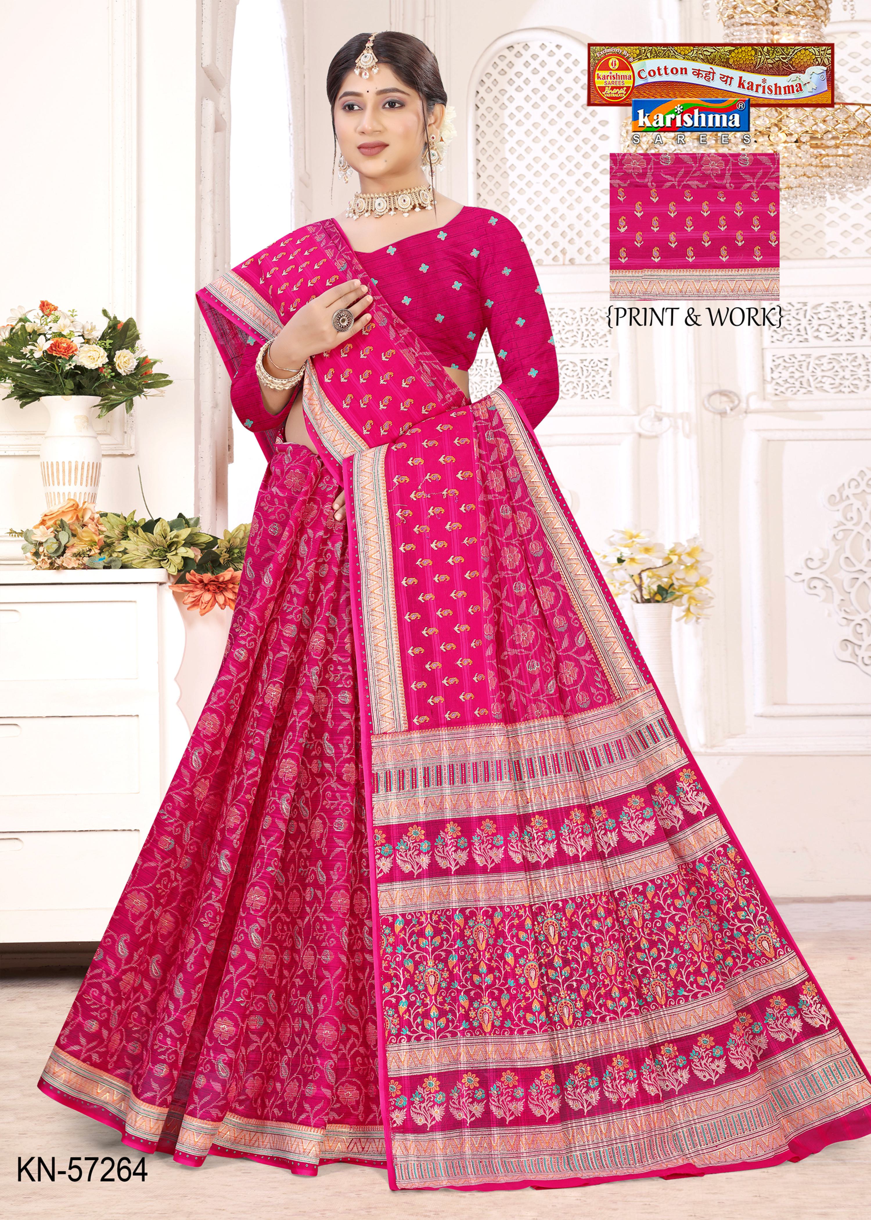 Pink  Pure Cotton Mulmul ( Medium Soft ) Saree With Traditional Floral Design