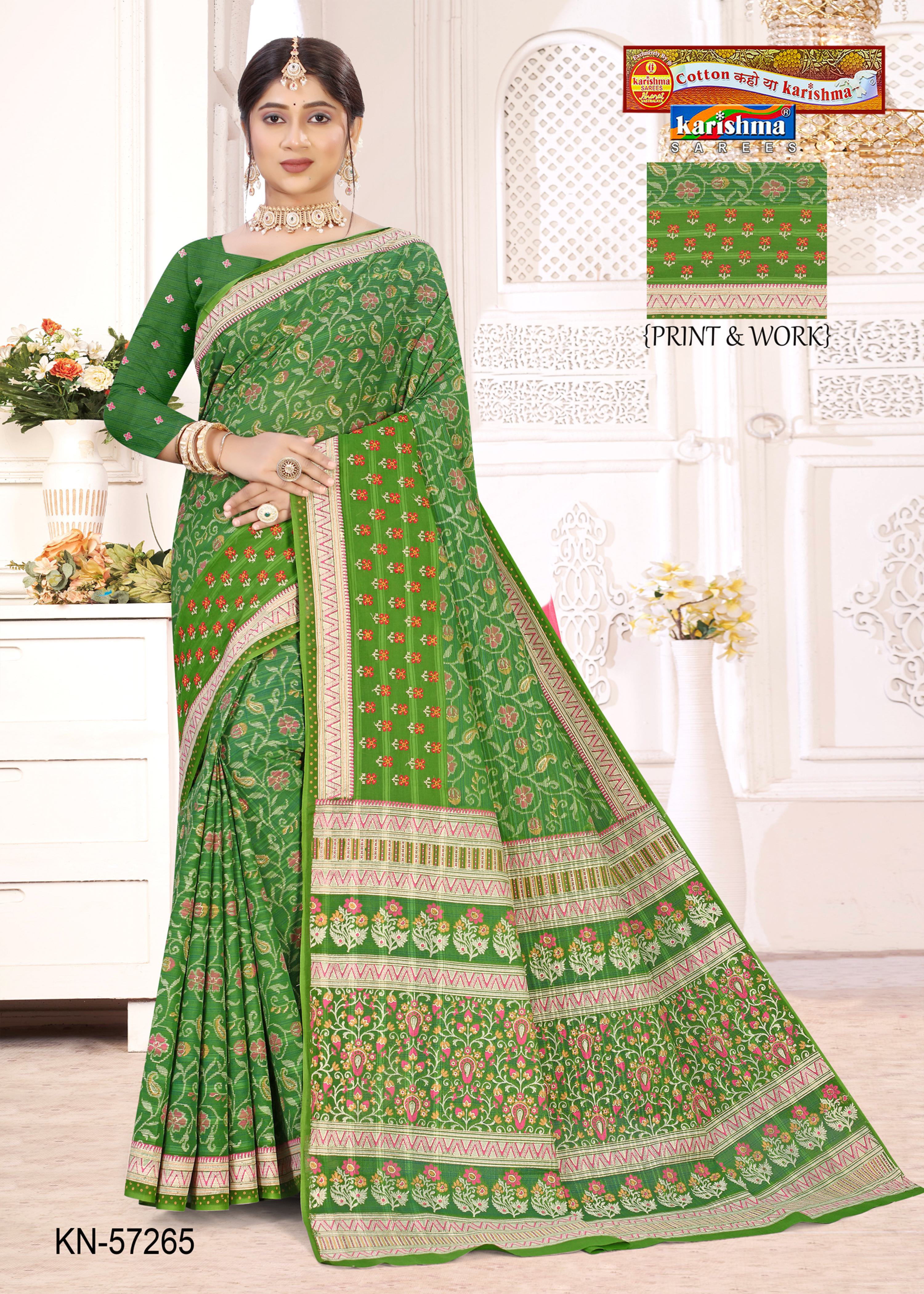 Green Pure Cotton Mulmul ( Medium Soft ) Saree With Traditional Floral Design