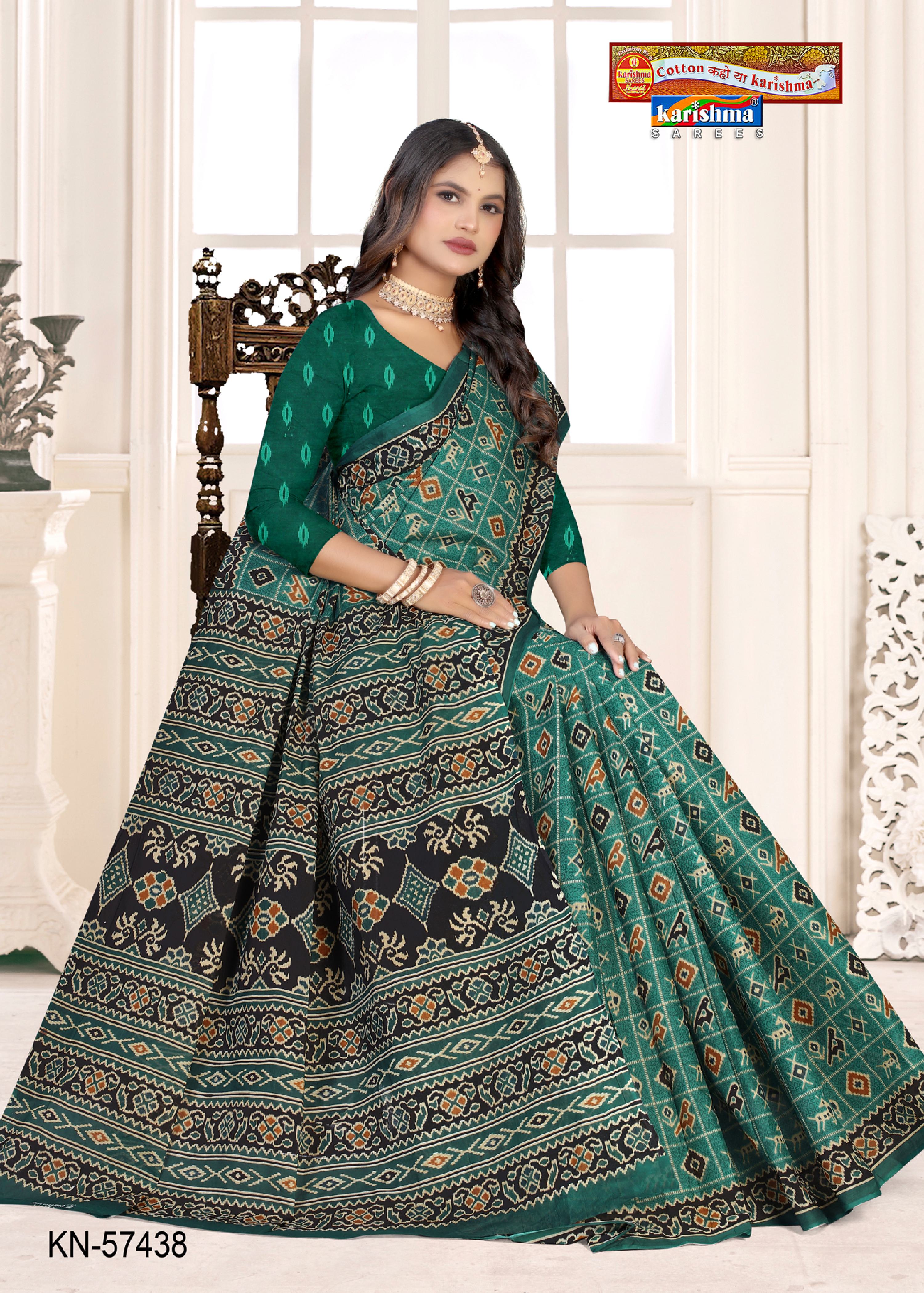 Teal Pure Cotton Mulmul (Medium soft) Saree With Unique Ikat Style Print