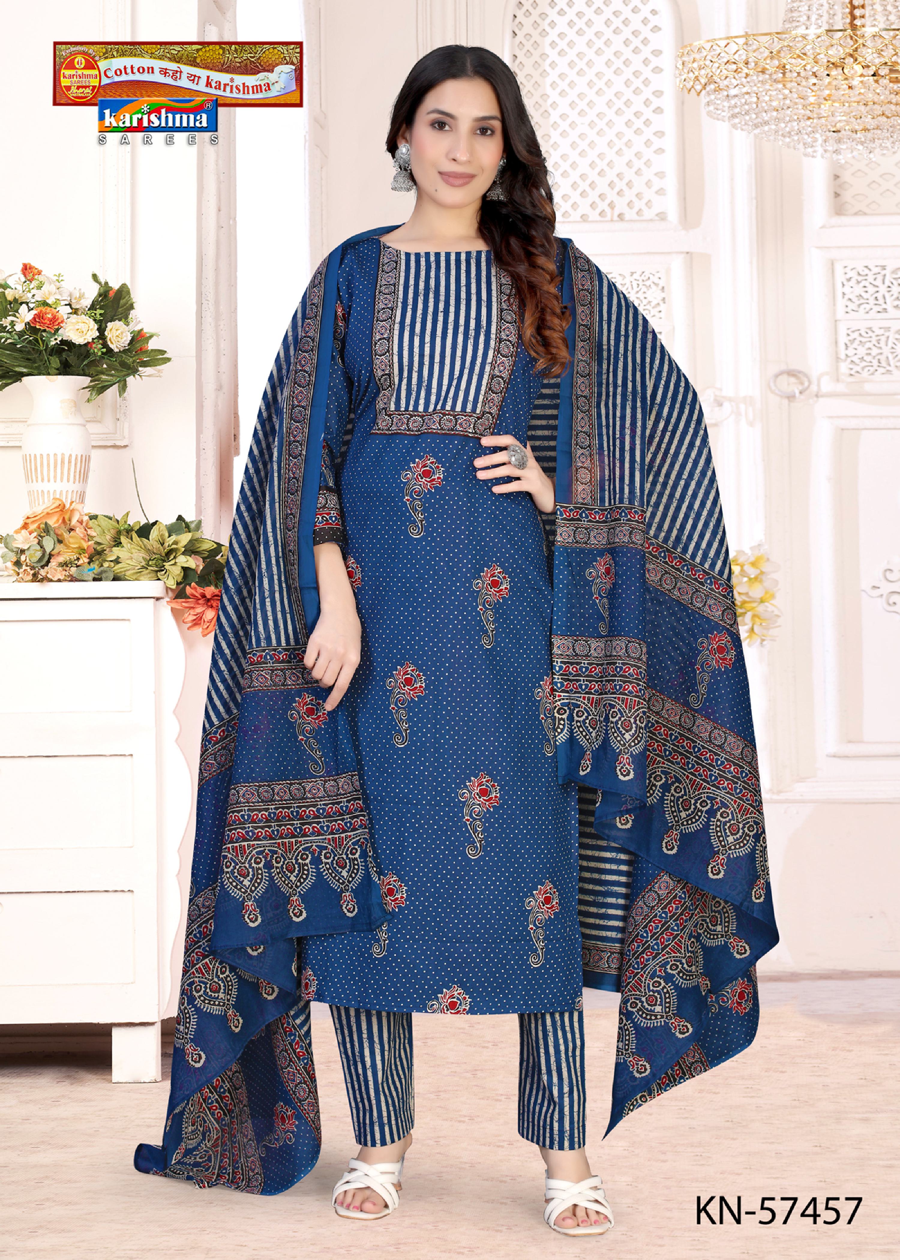 Blue Pure Cotton Unstitched Dress Material With  Modern Design
