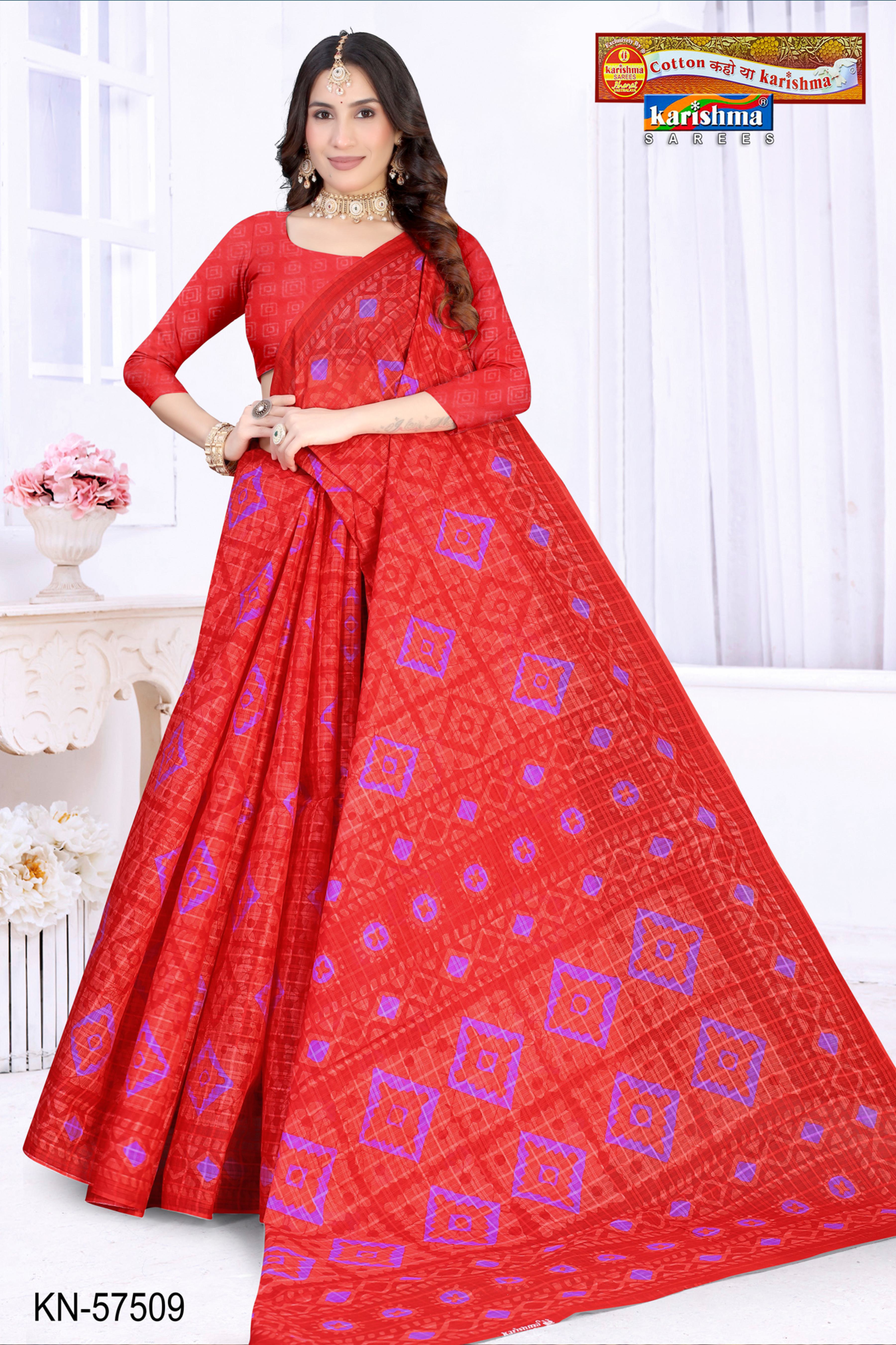 Red Pure Cotton Mulmul (Stiff) Saree With Traditional Print