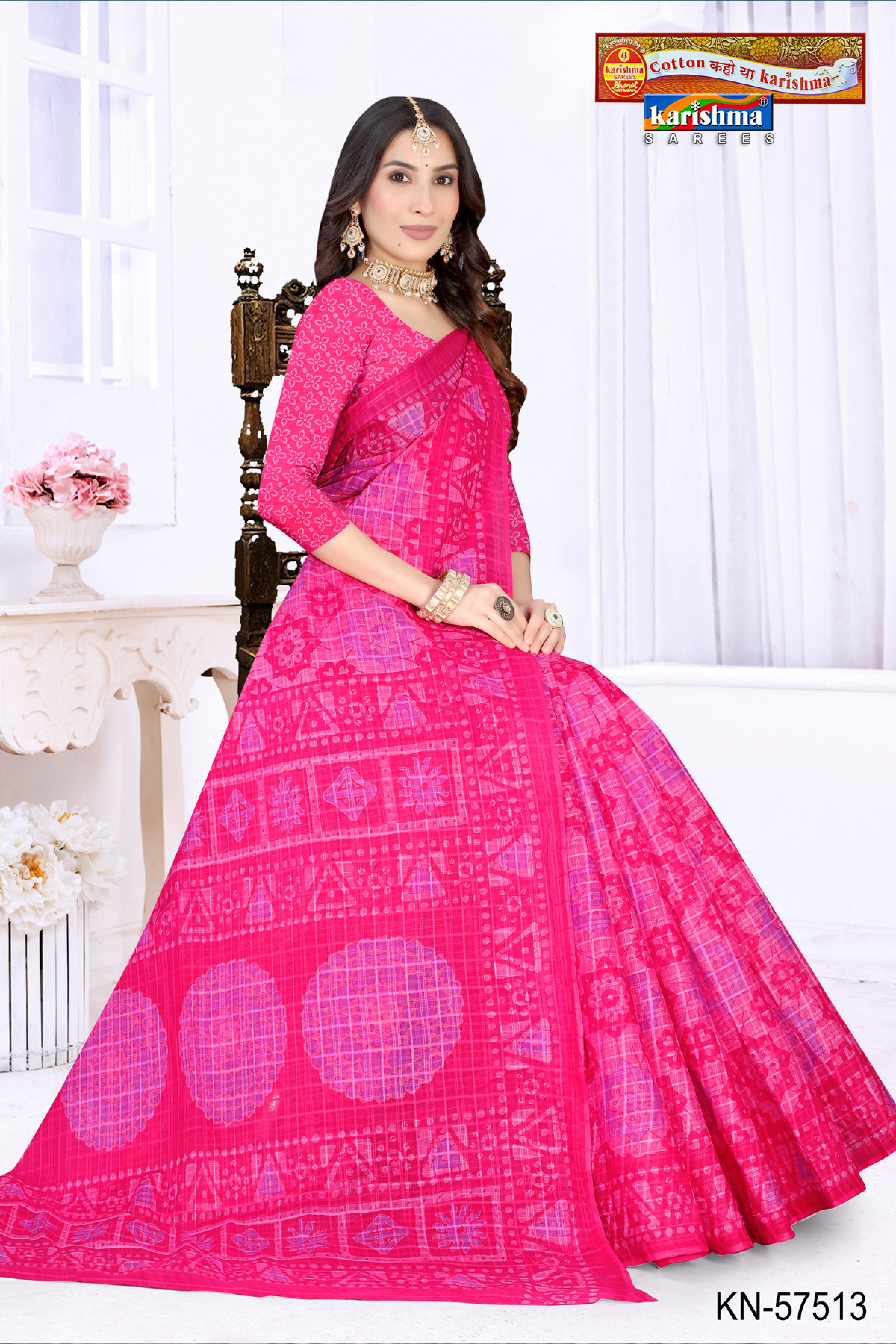 Pink Pure Cotton Mulmul (Stiff) Saree With Traditional Print
