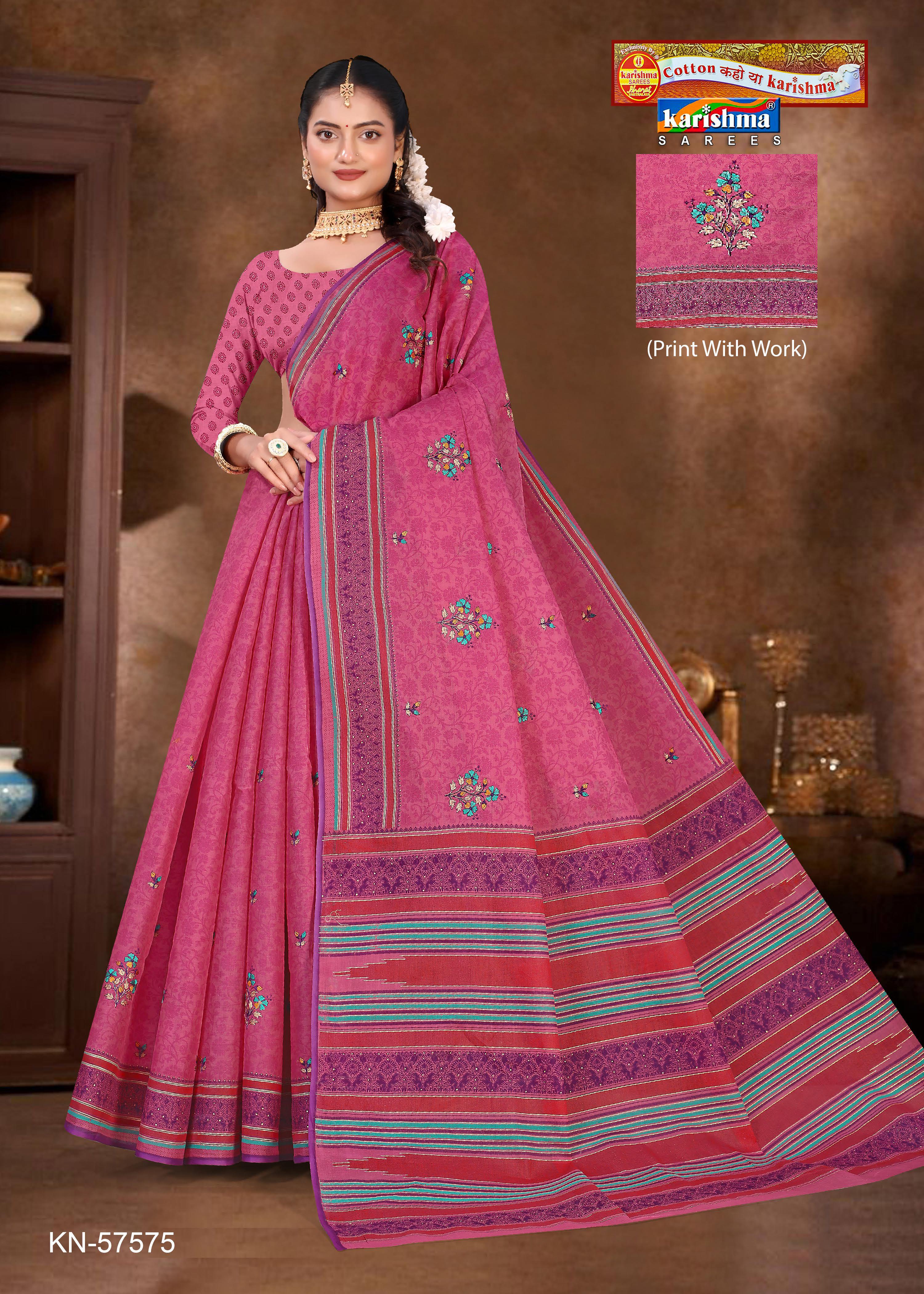 Pink Pure Cotton Mulmul ( Medium Soft ) Saree With Floral Print And Embrodery