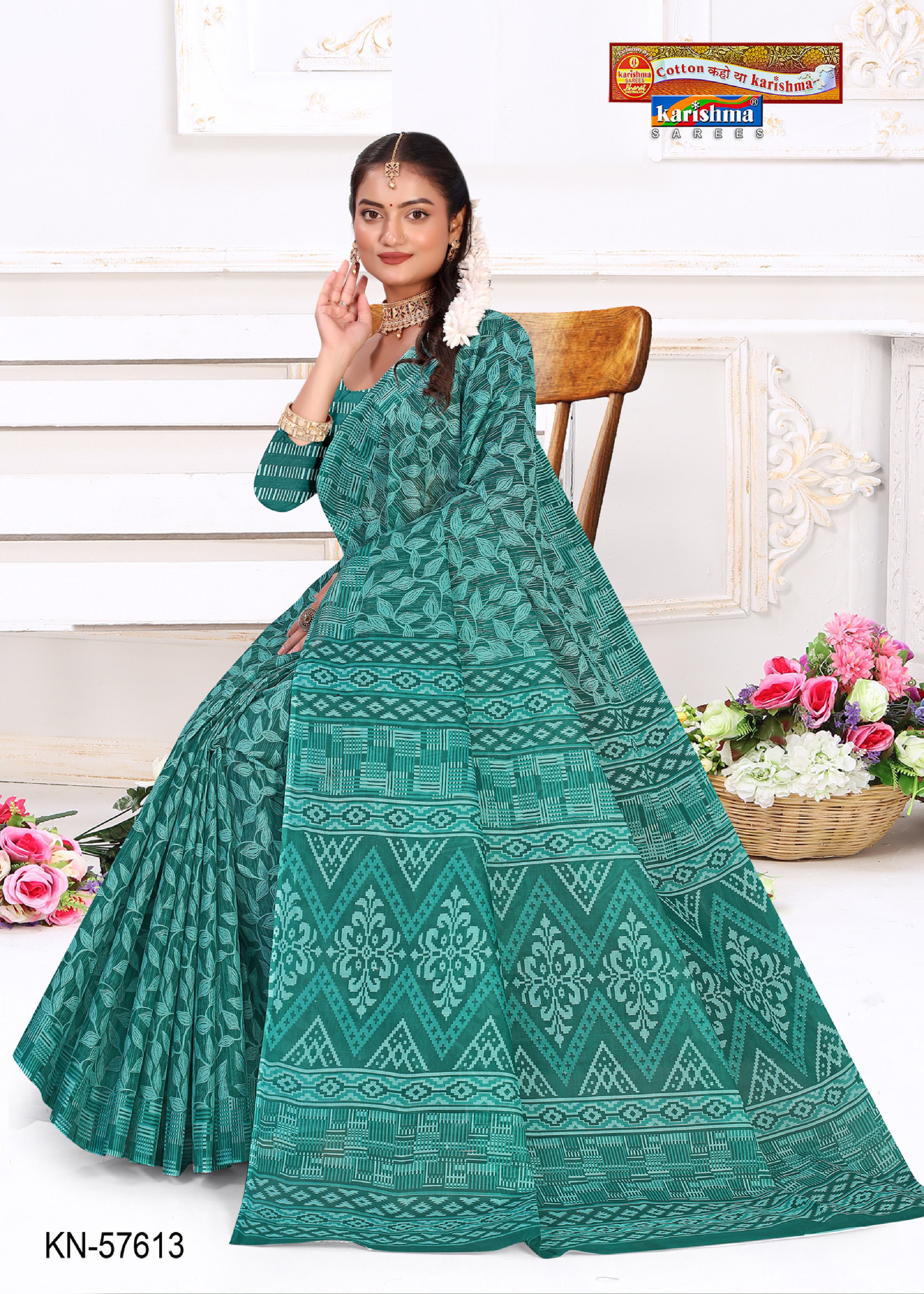 Teal Pure Cotton Mulmul (Medium Soft) Saree With Combination Of Floral And Geomatric Print