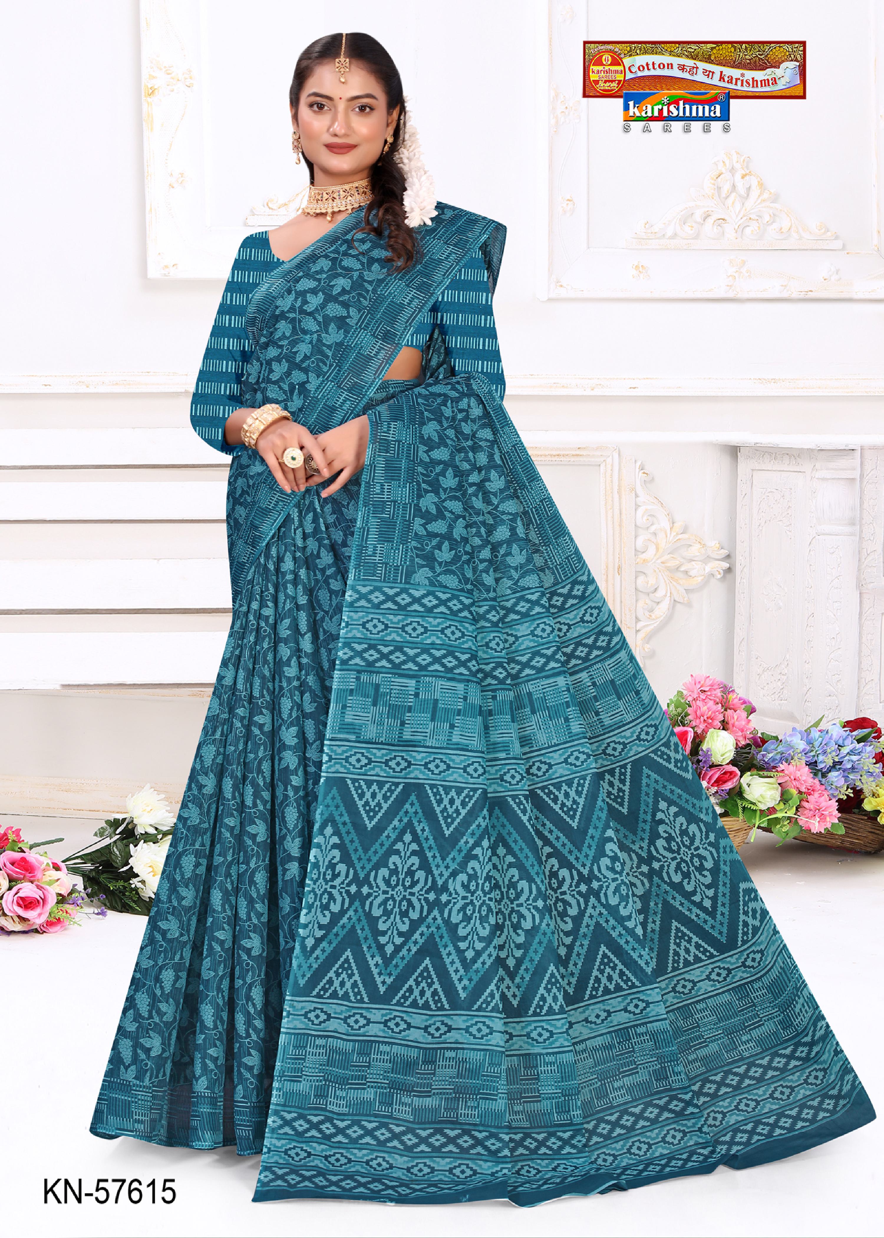 Blue Pure Cotton Mulmul (Medium Soft) Saree With Combination Of Floral And Geomatric Print