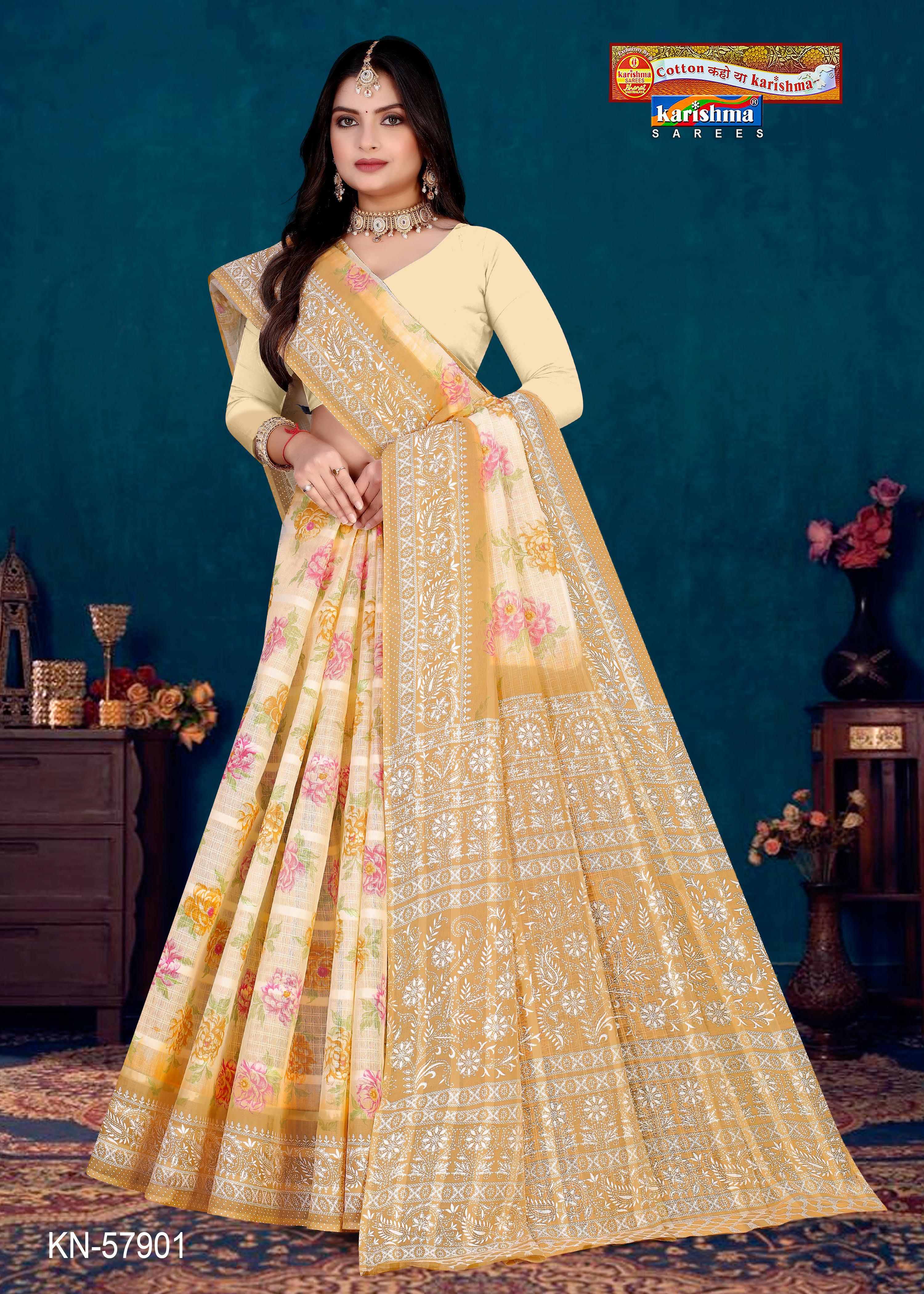 Brown Pure Cotton Mulmul (Stiff ) Saree With Floral Print And Delicate Border