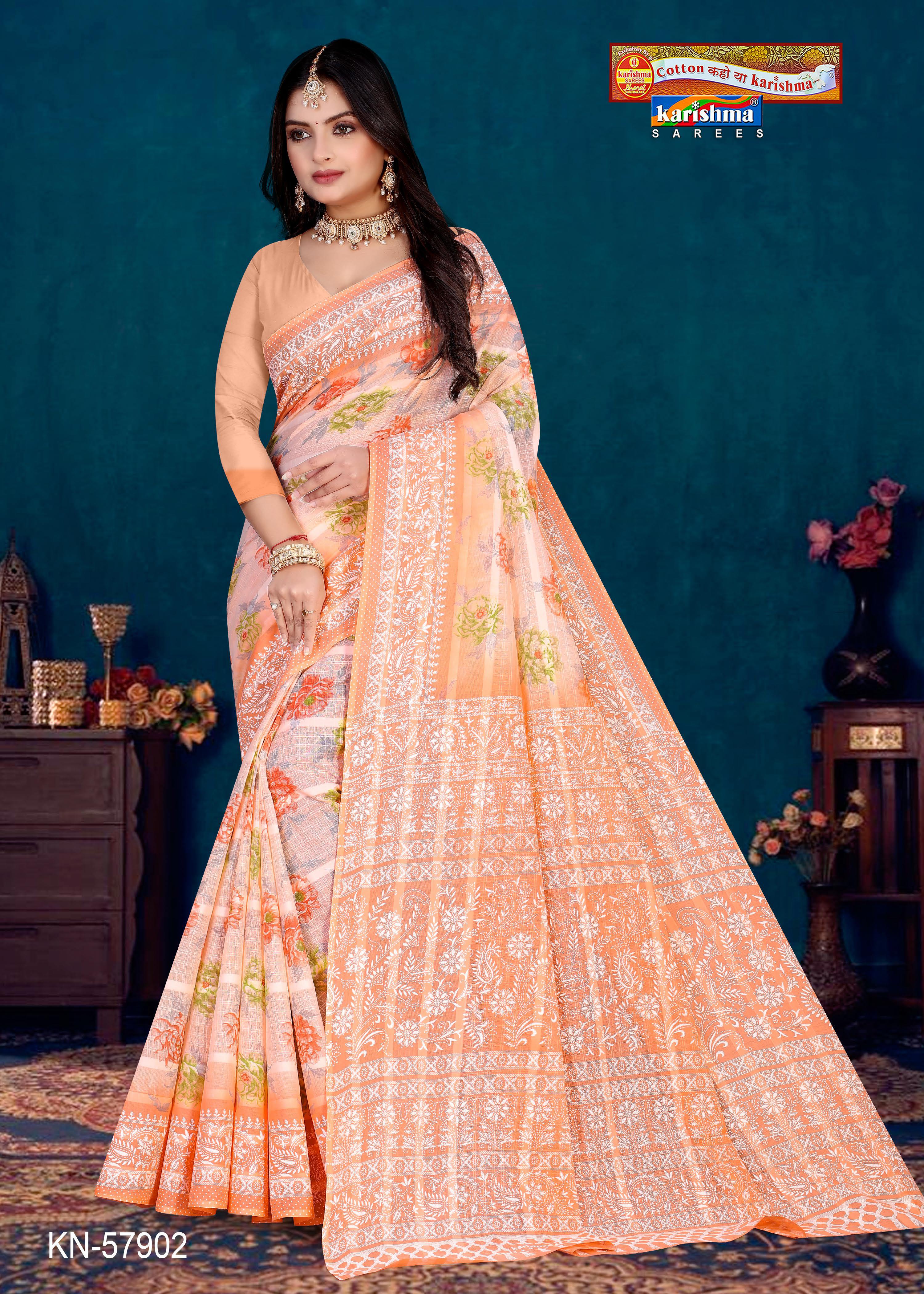 Peach Pure Cotton Mulmul (Stiff ) Saree With Floral Print And Delicate Border