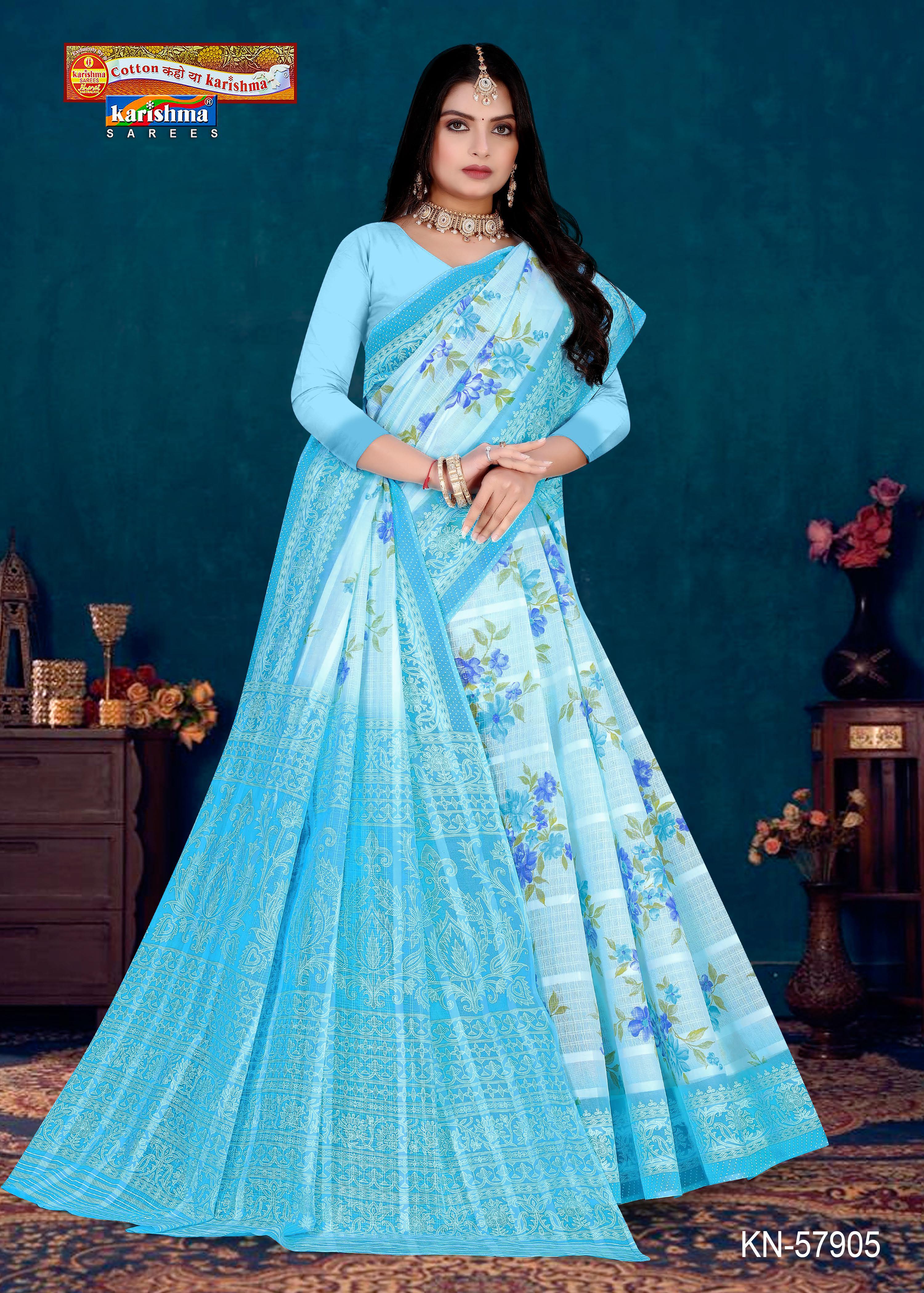 Blue Pure Cotton Mulmul (Stiff ) Saree With Floral Print And Delicate Border