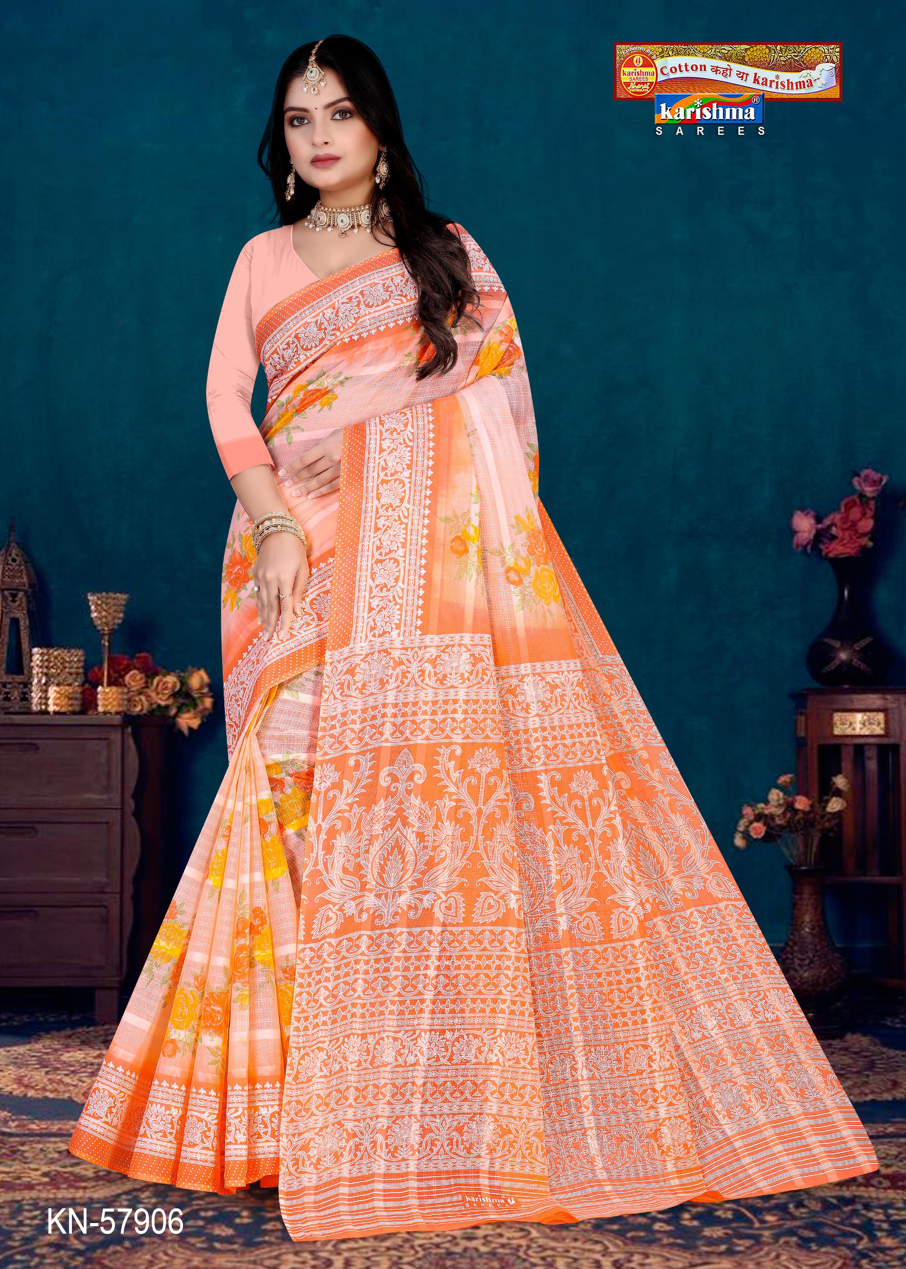 Orange Pure Cotton Mulmul (Stiff) Saree With Floral Print And Delicate Border