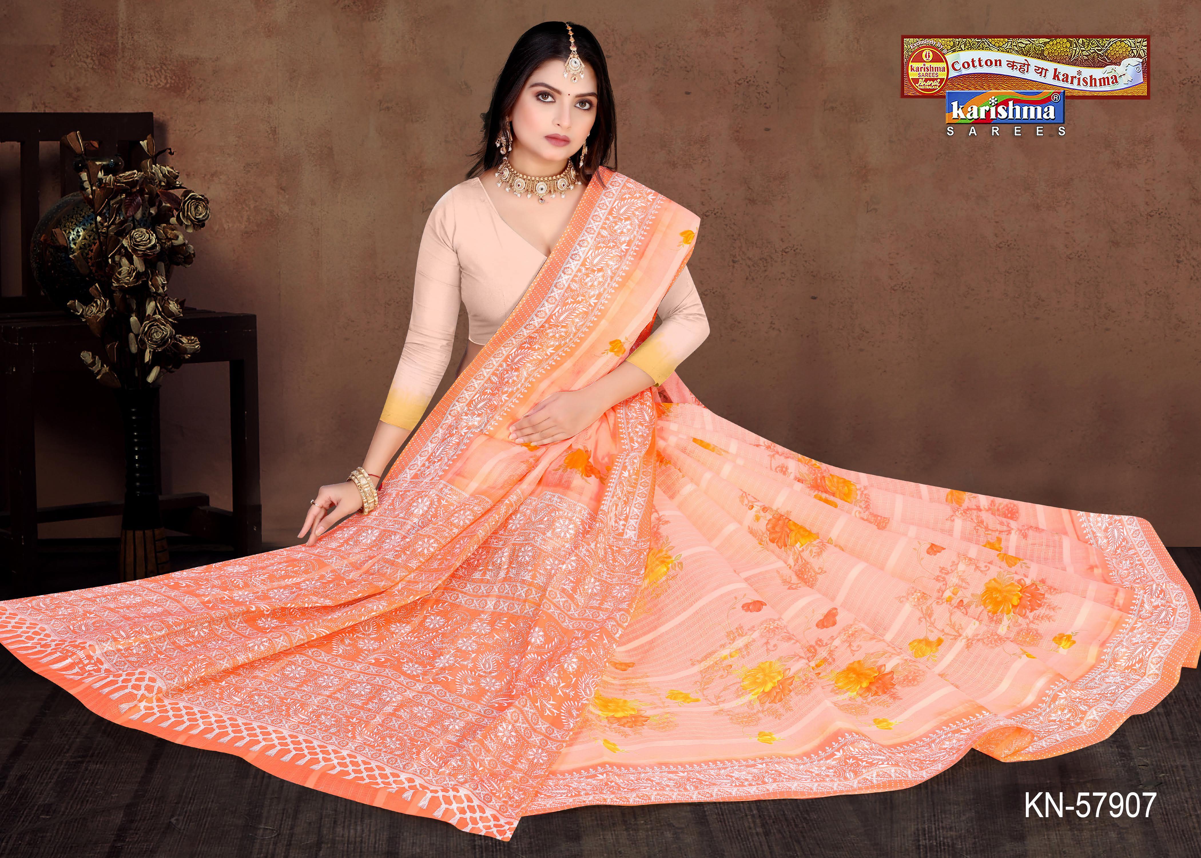 Orange Pure Cotton Mulmul (Stiff ) Saree With Floral Print And Delicate Border
