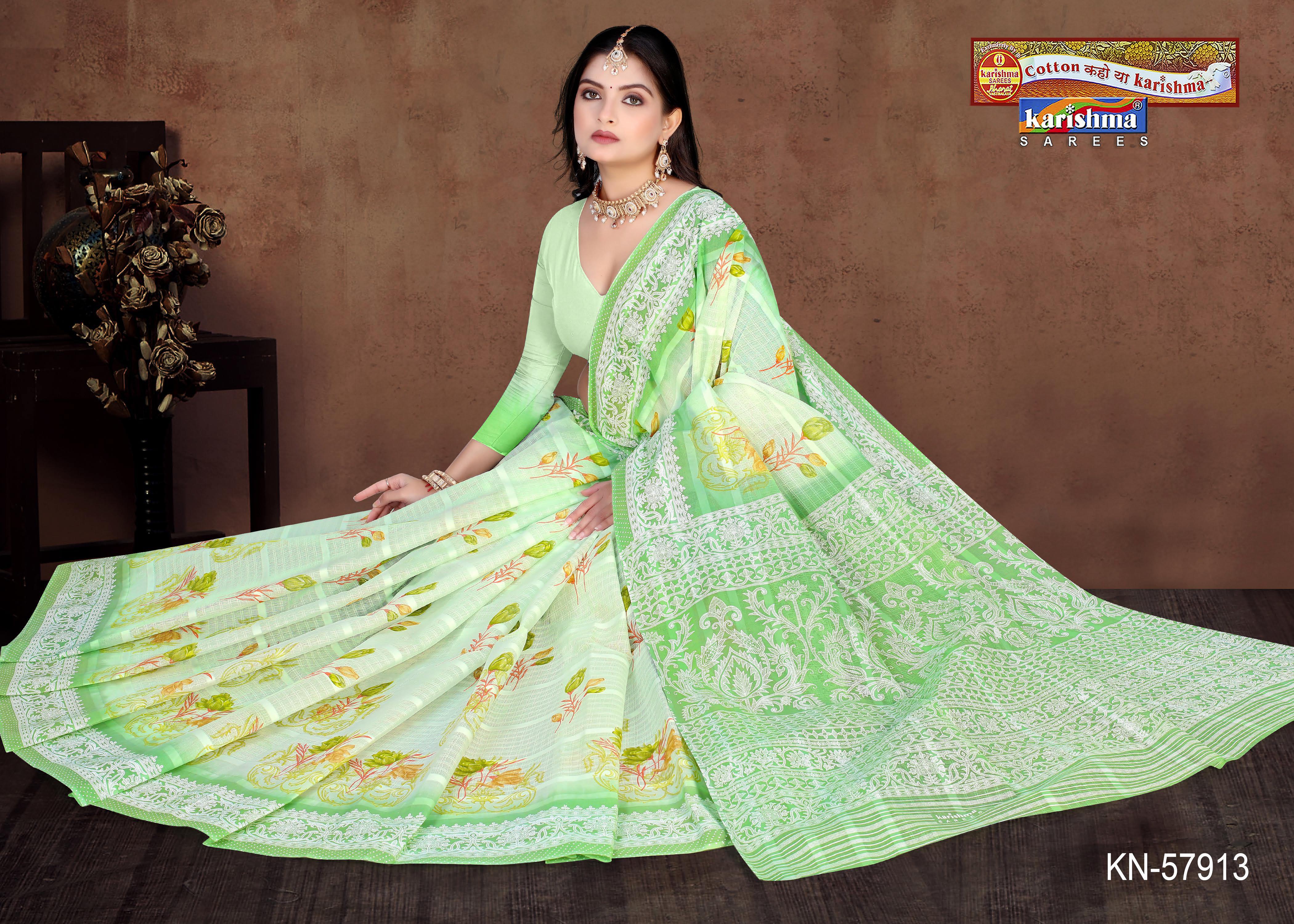 Green Pure Cotton Mulmul (Stiff) Saree With Floral Print And Delicate Border