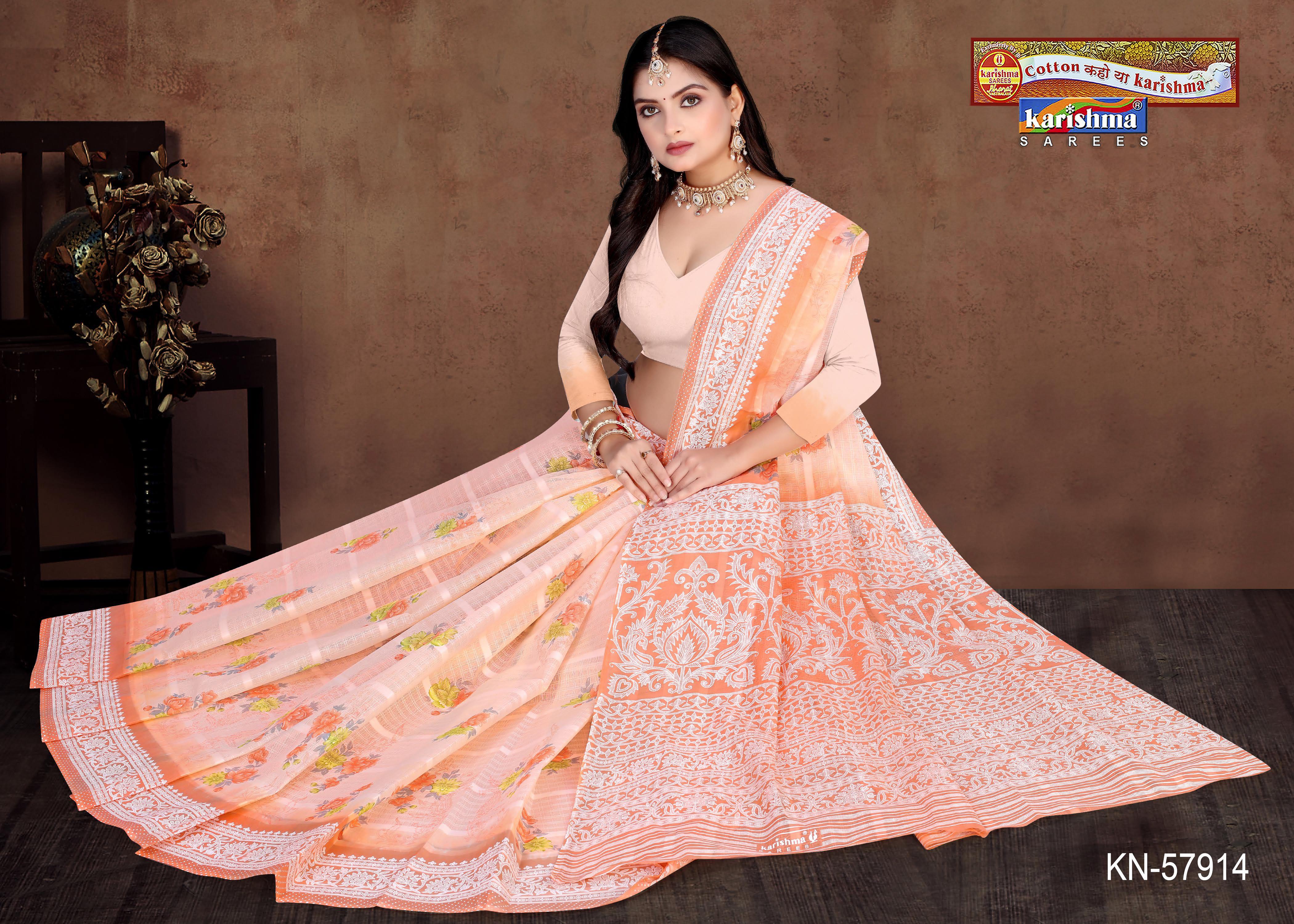 Peach Pure Cotton Mulmul (Stiff) Saree With Floral Print And Delicate Border