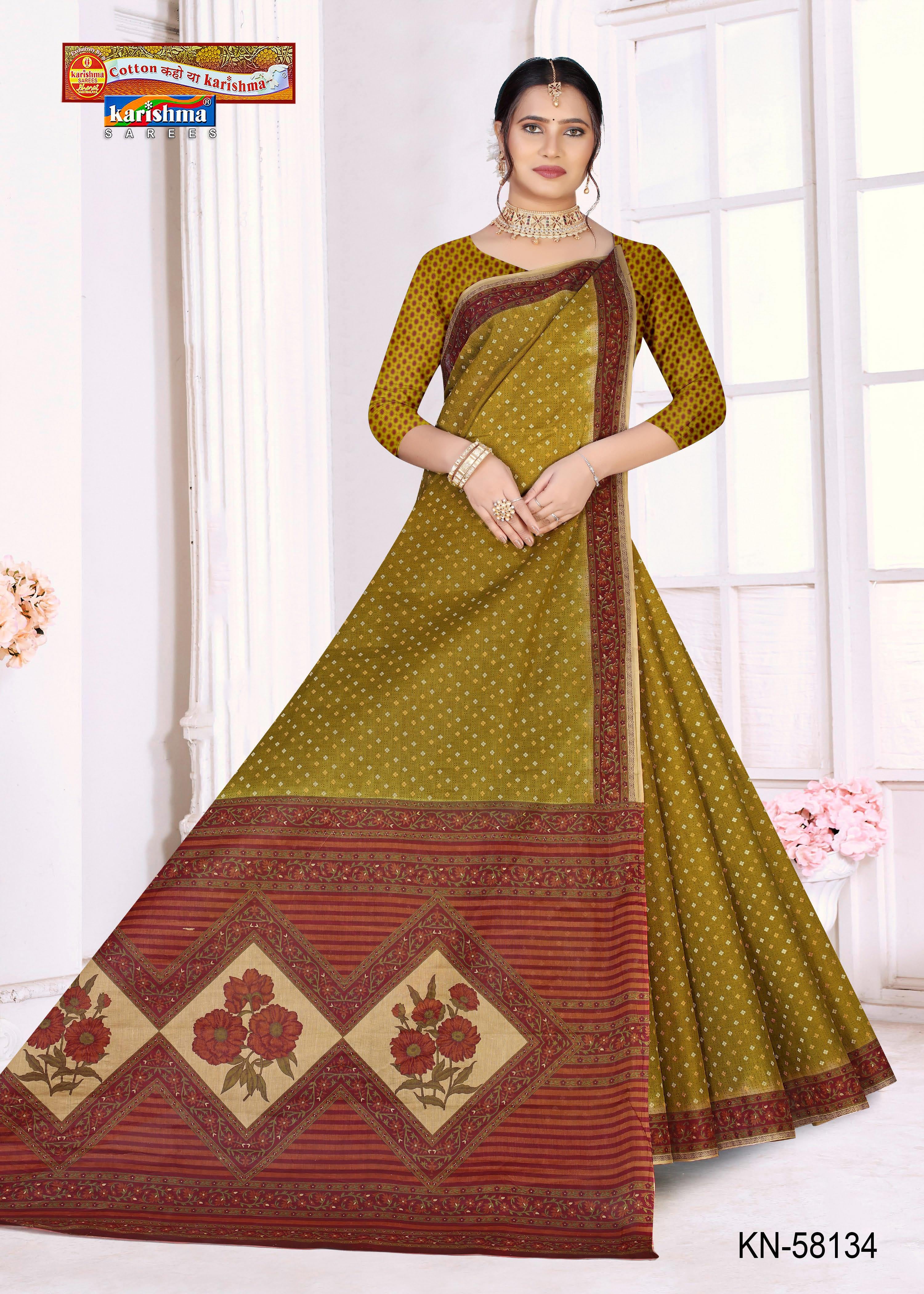 Olive Pure Cotton Mulmul (Medium Soft) Saree With Small Checks Design And Floral Border