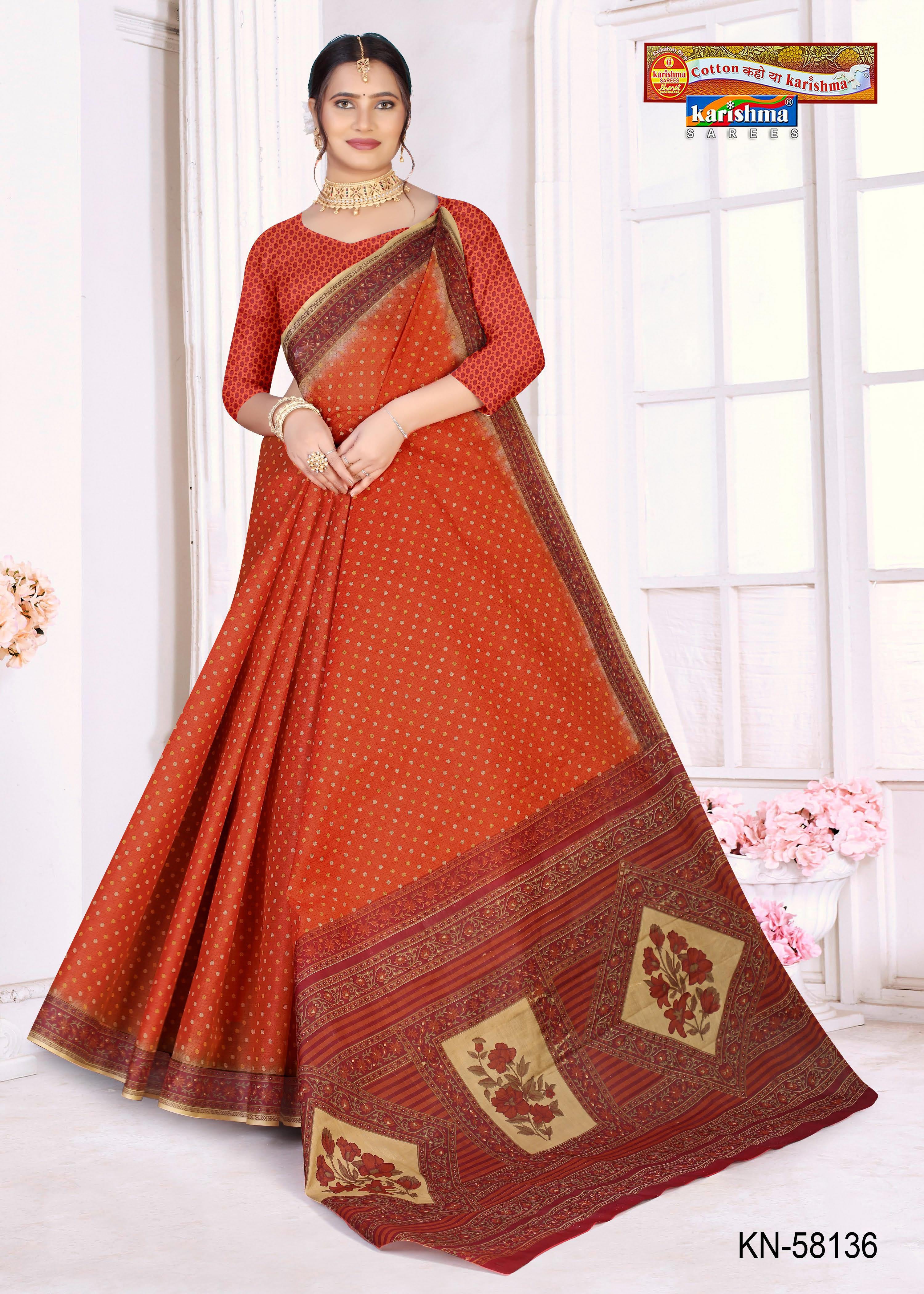 Orange Pure Cotton Mulmul (Medium Soft) Saree With Small Checks Design And Floral Border